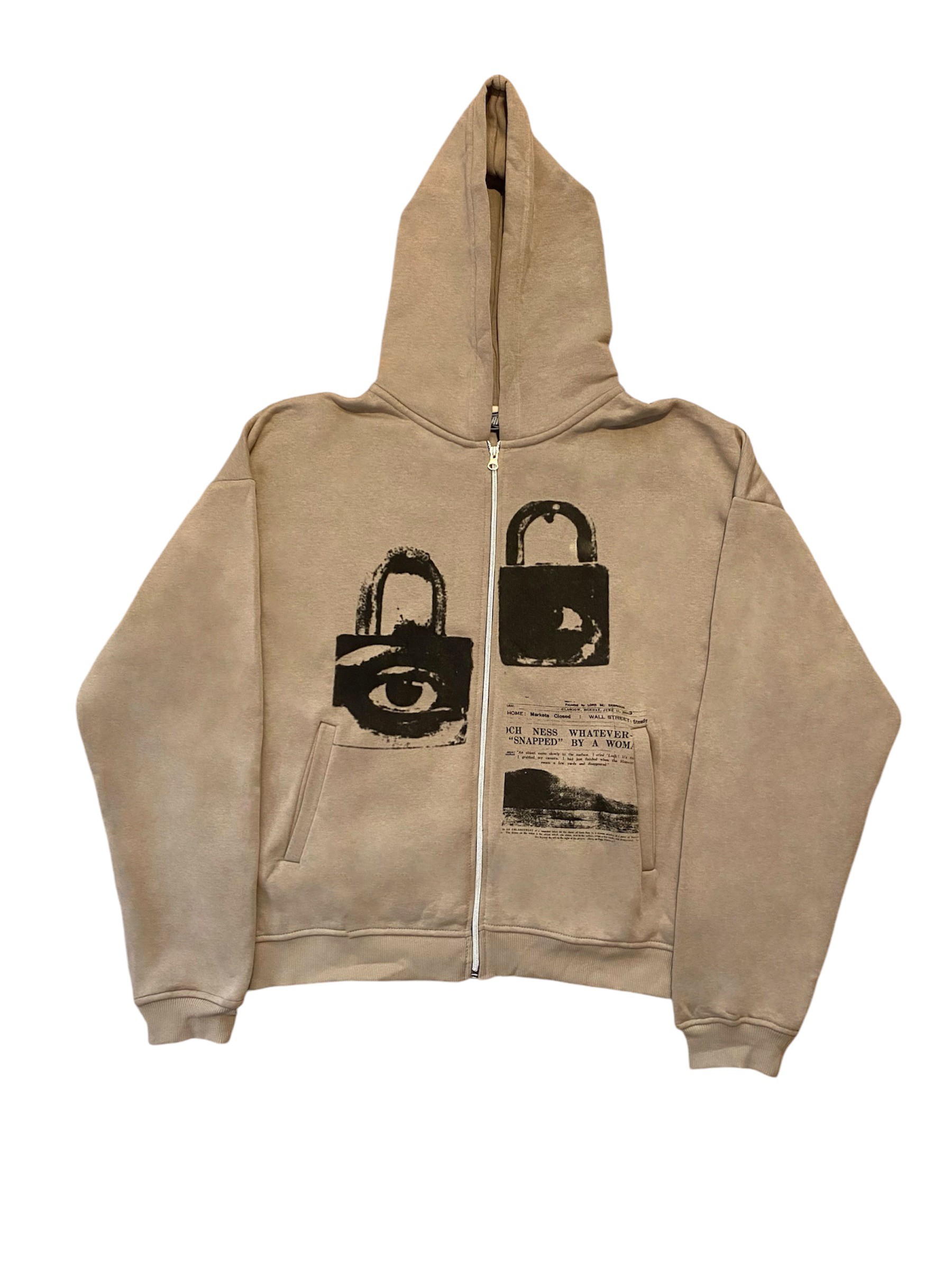 Locked Eyes Bej Oversize Zipper Hoodie 