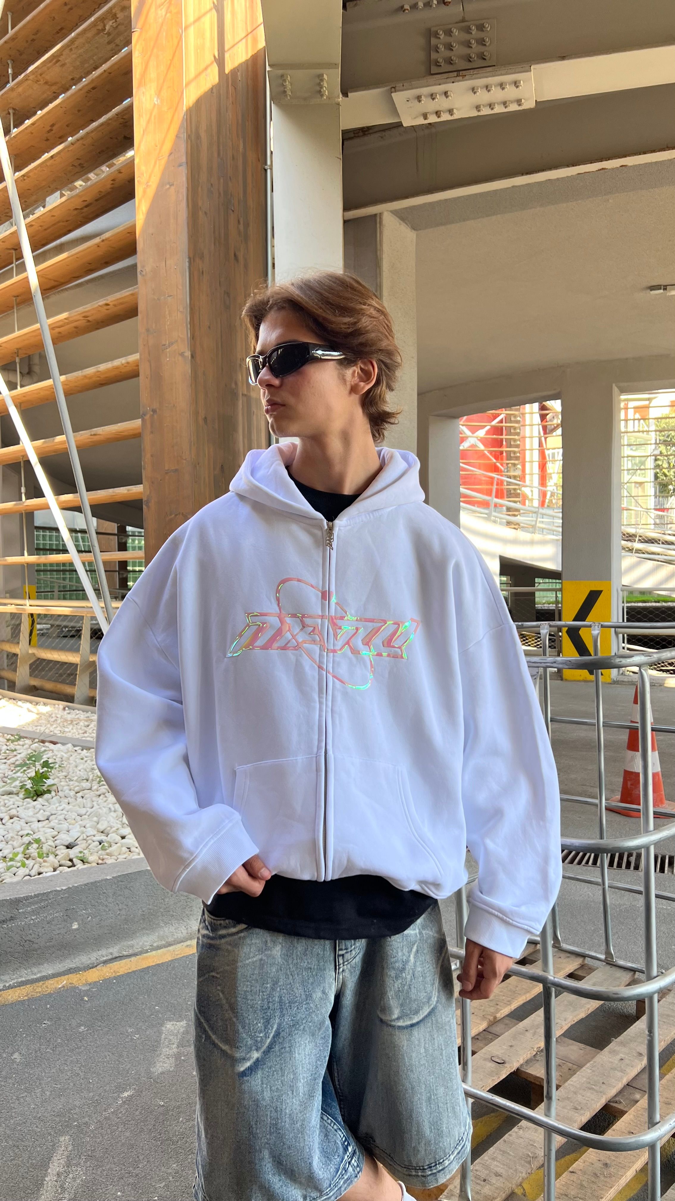 RW White Hologram Baskı Oversize Zipper Hoodie 