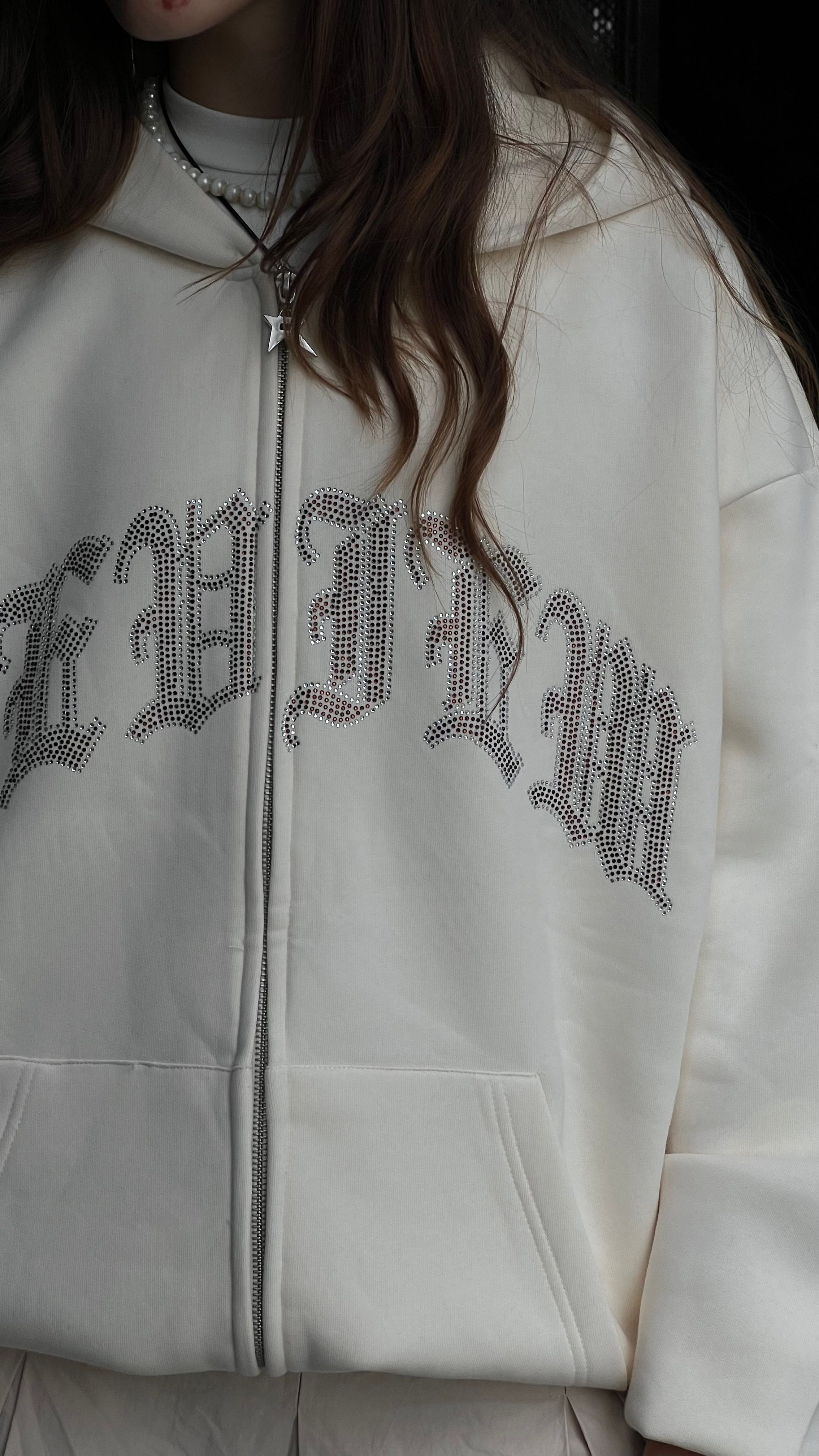 RW Krem Rhinestones Oversize Zipper Hoodie