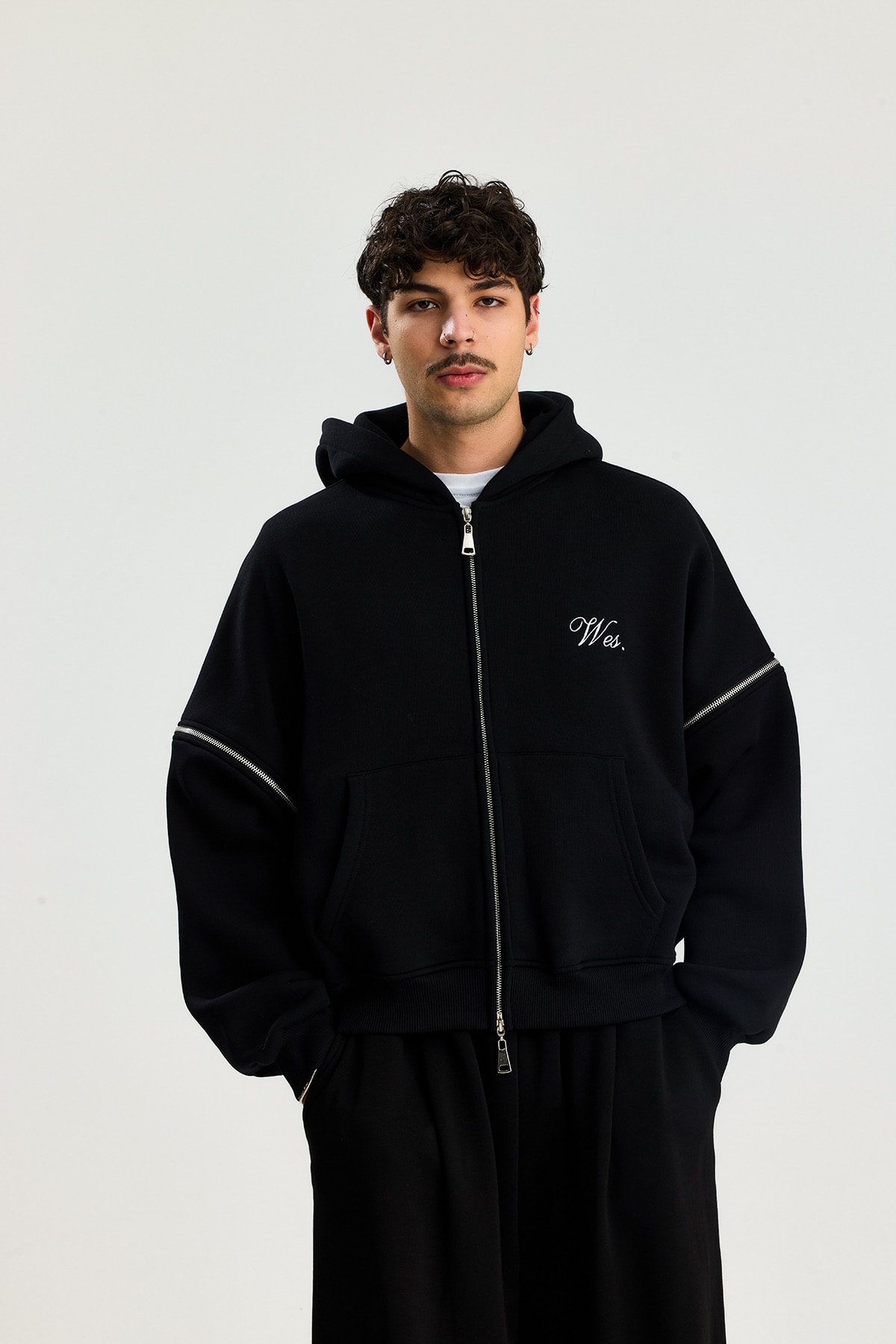 Wes Kolları Çıkarılabilir Premium Nakış Detay Boxy Fit Zipper Hoodie