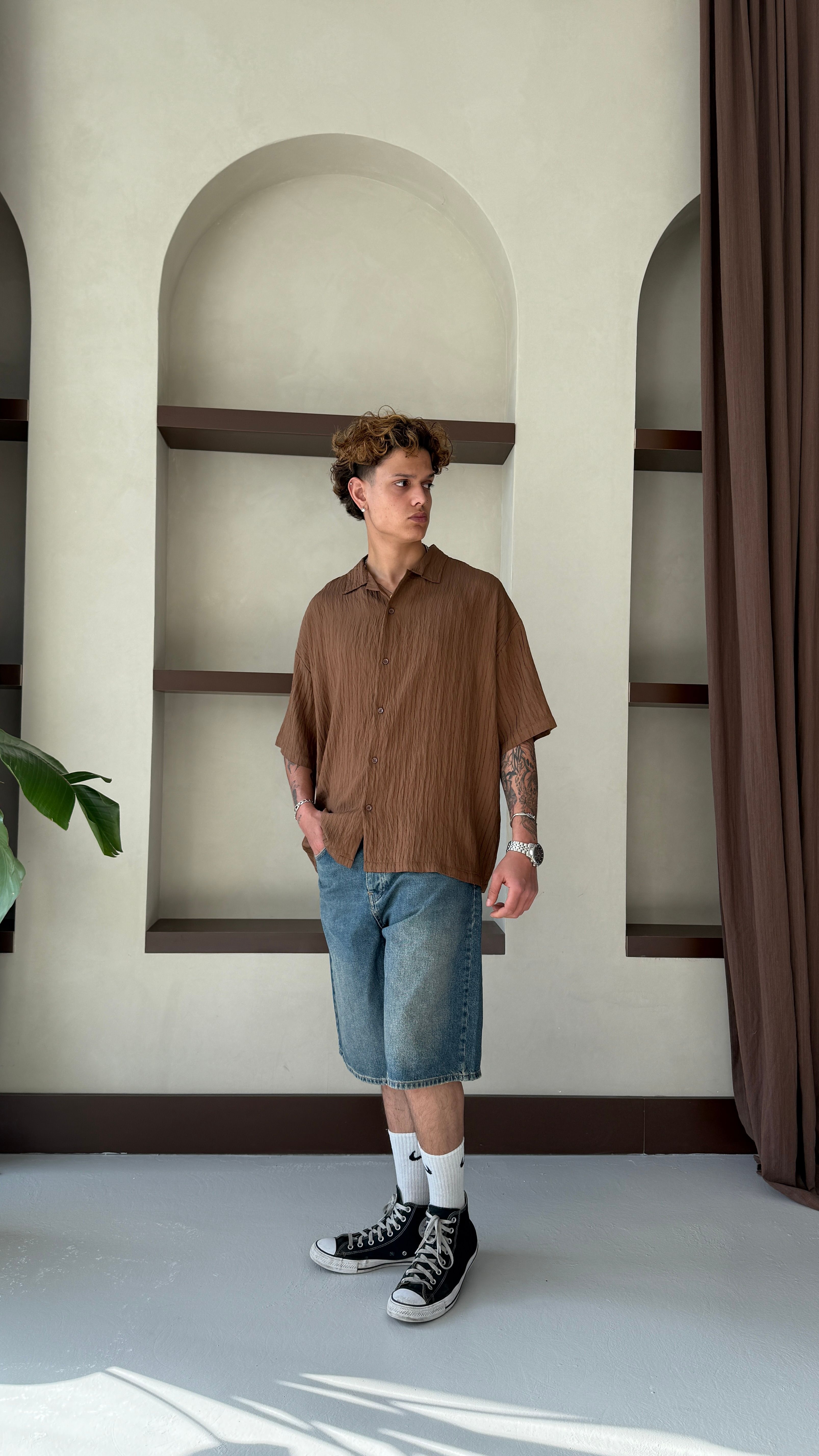 Kahve Basic Oversize Keten Gömlek