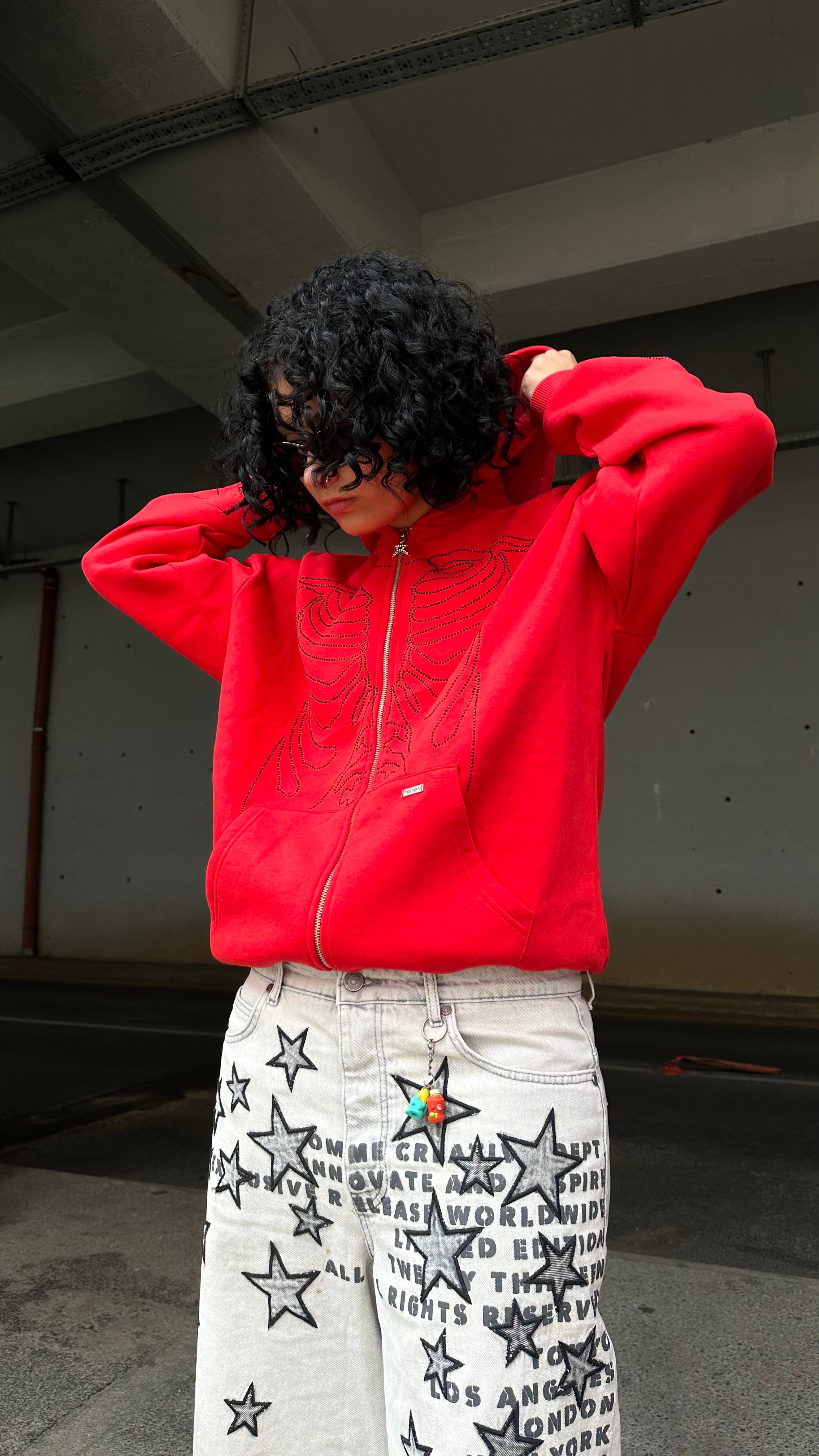 RW Red Skeleton Rhinestones Oversize Zipper Hoodie