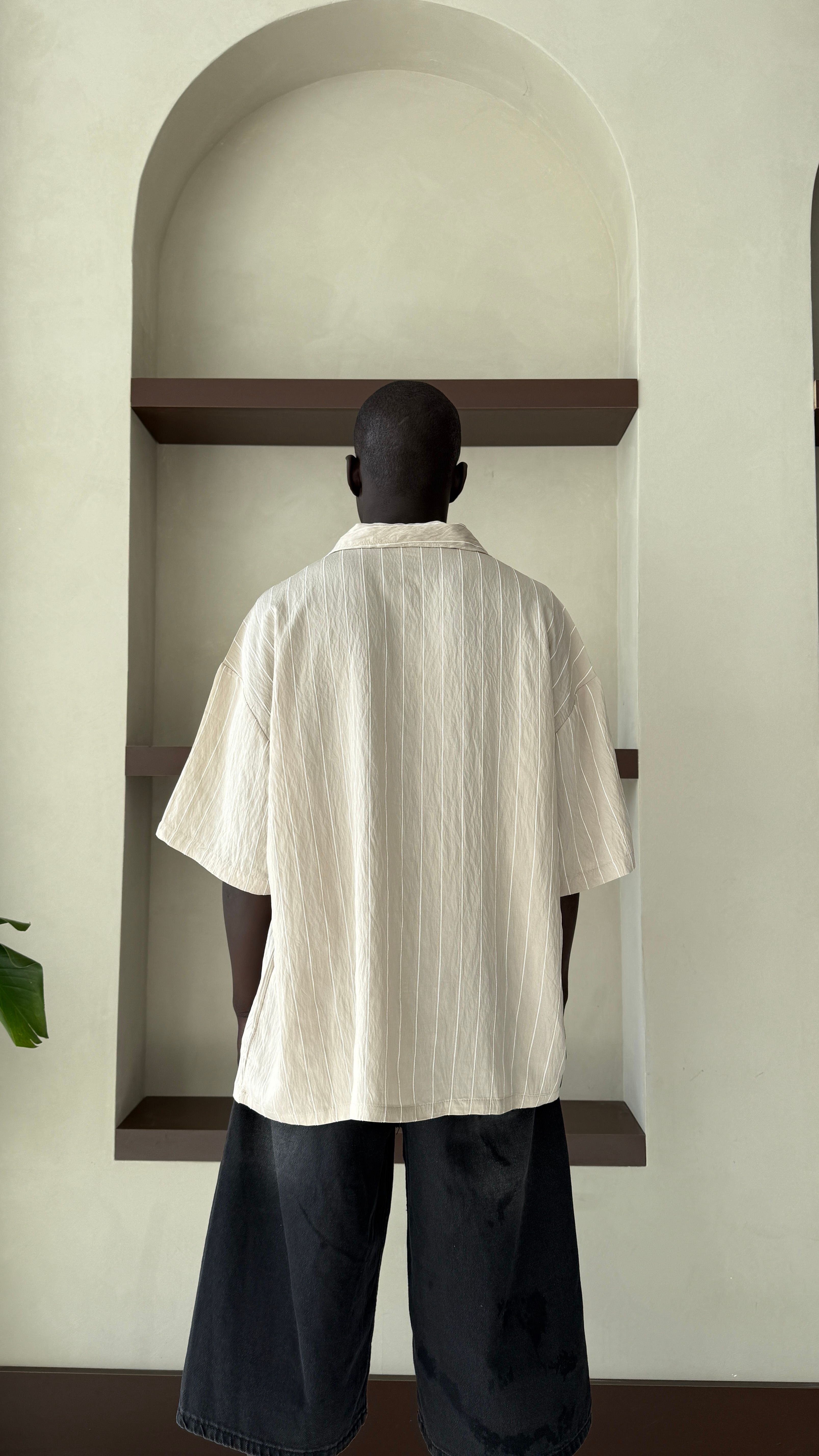 Krem Çizgili Oversize Keten Gömlek 