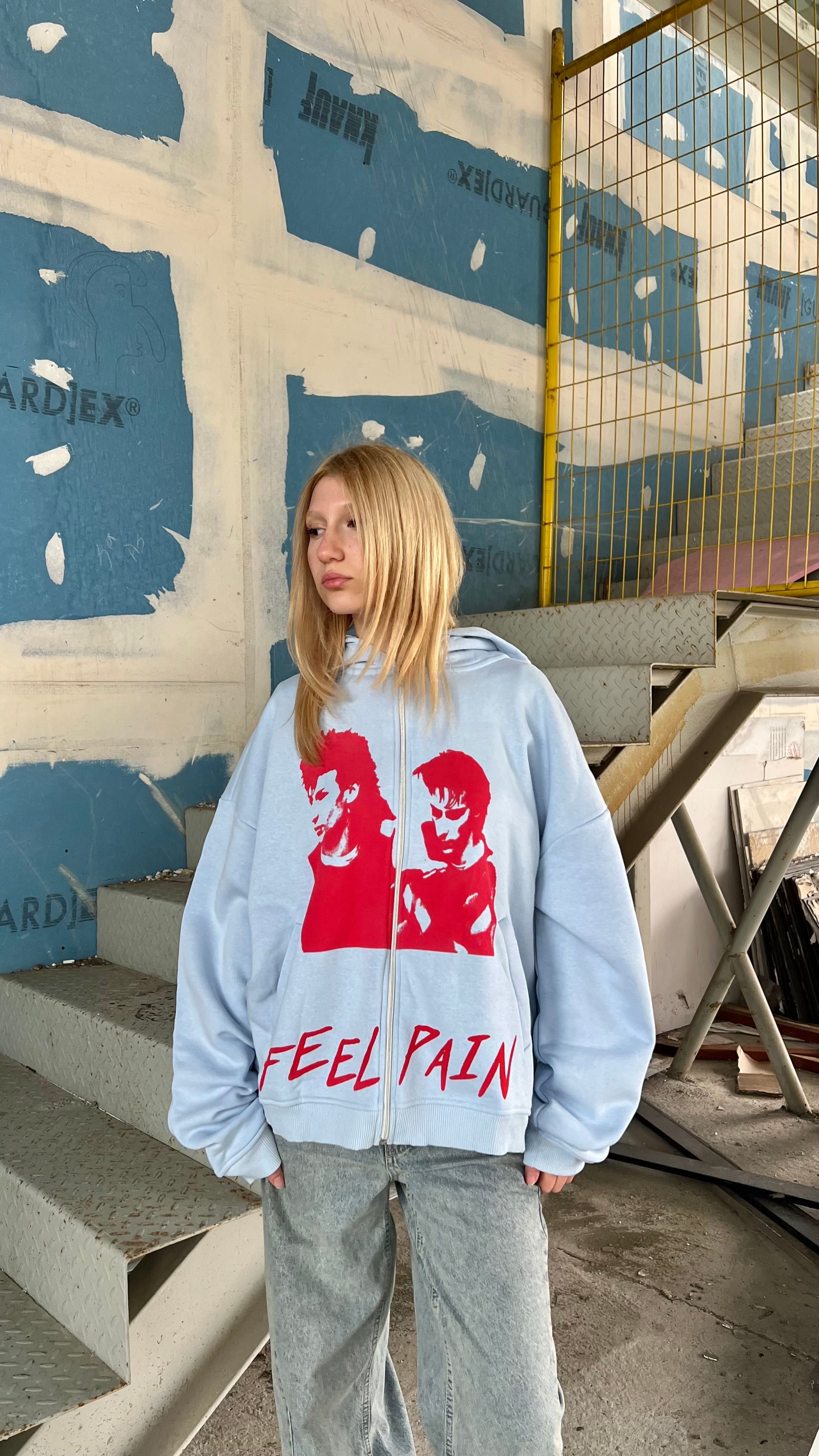 Feel Pain Bebek Mavisi Oversize Zipper Hoodie