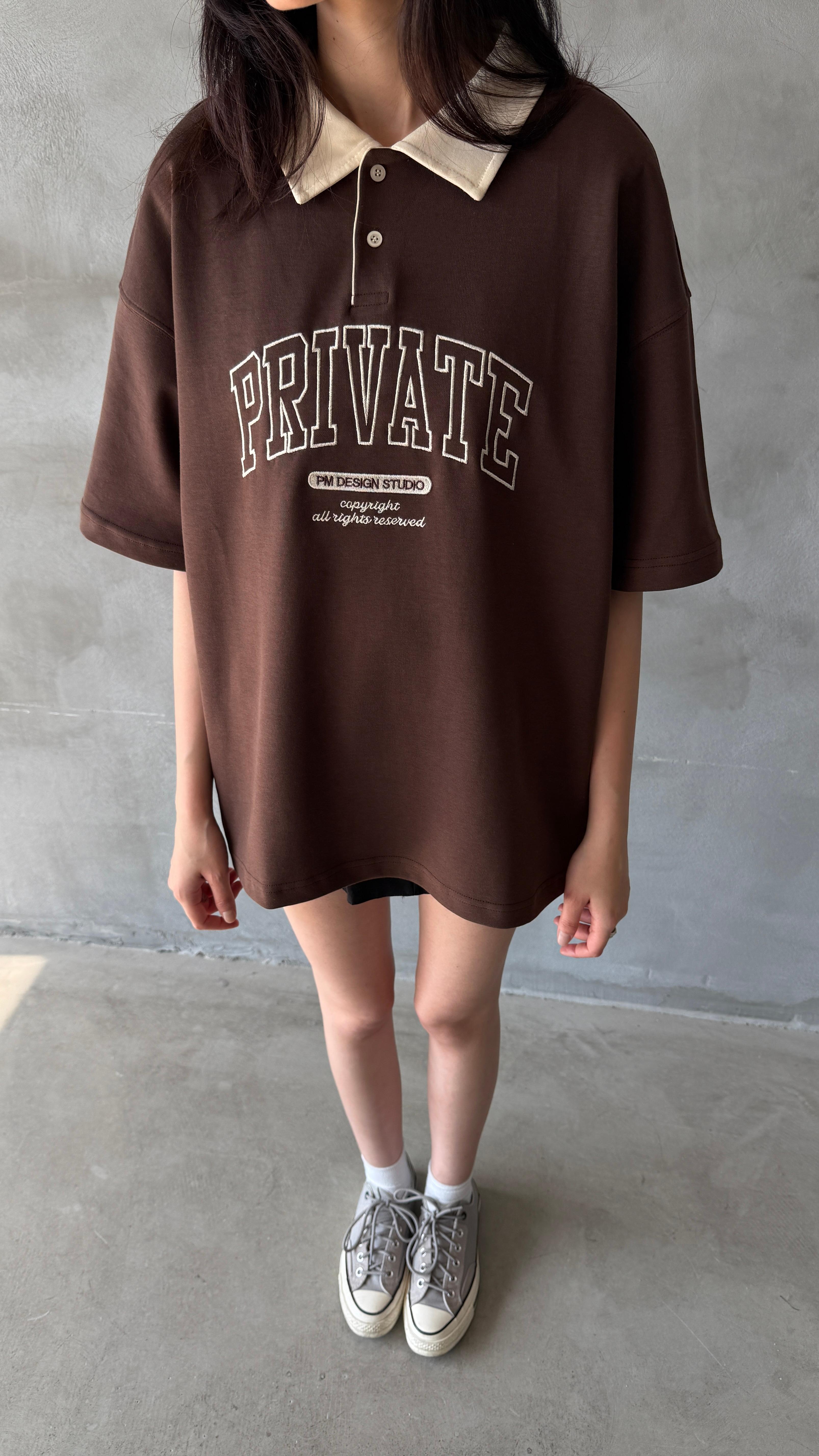 Kahve Private Polo Yaka Oversize Tişört 