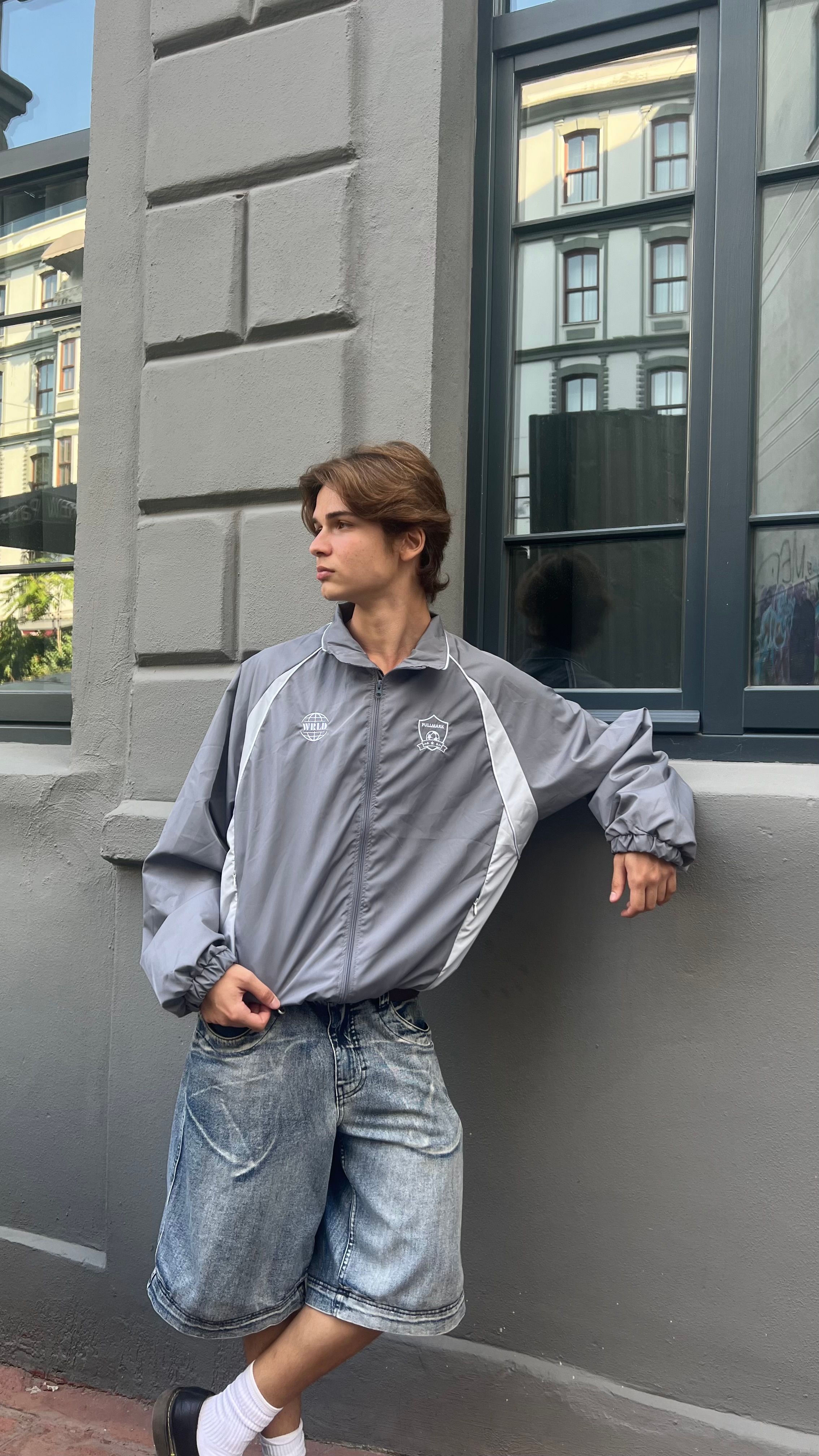 Parçalı Gri Oversize Track Jacket 