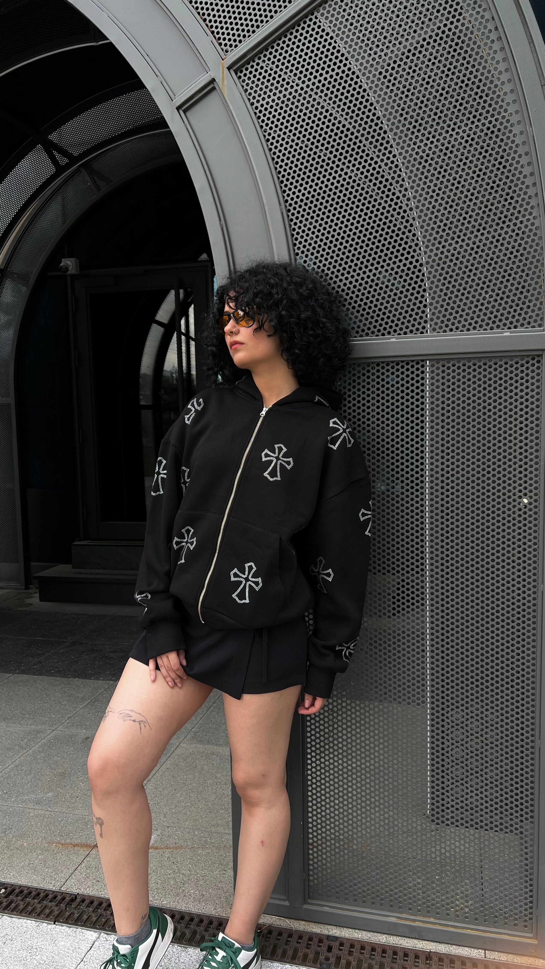 RW Blck Crosses Rhinestones Oversize Zipper Hoodie