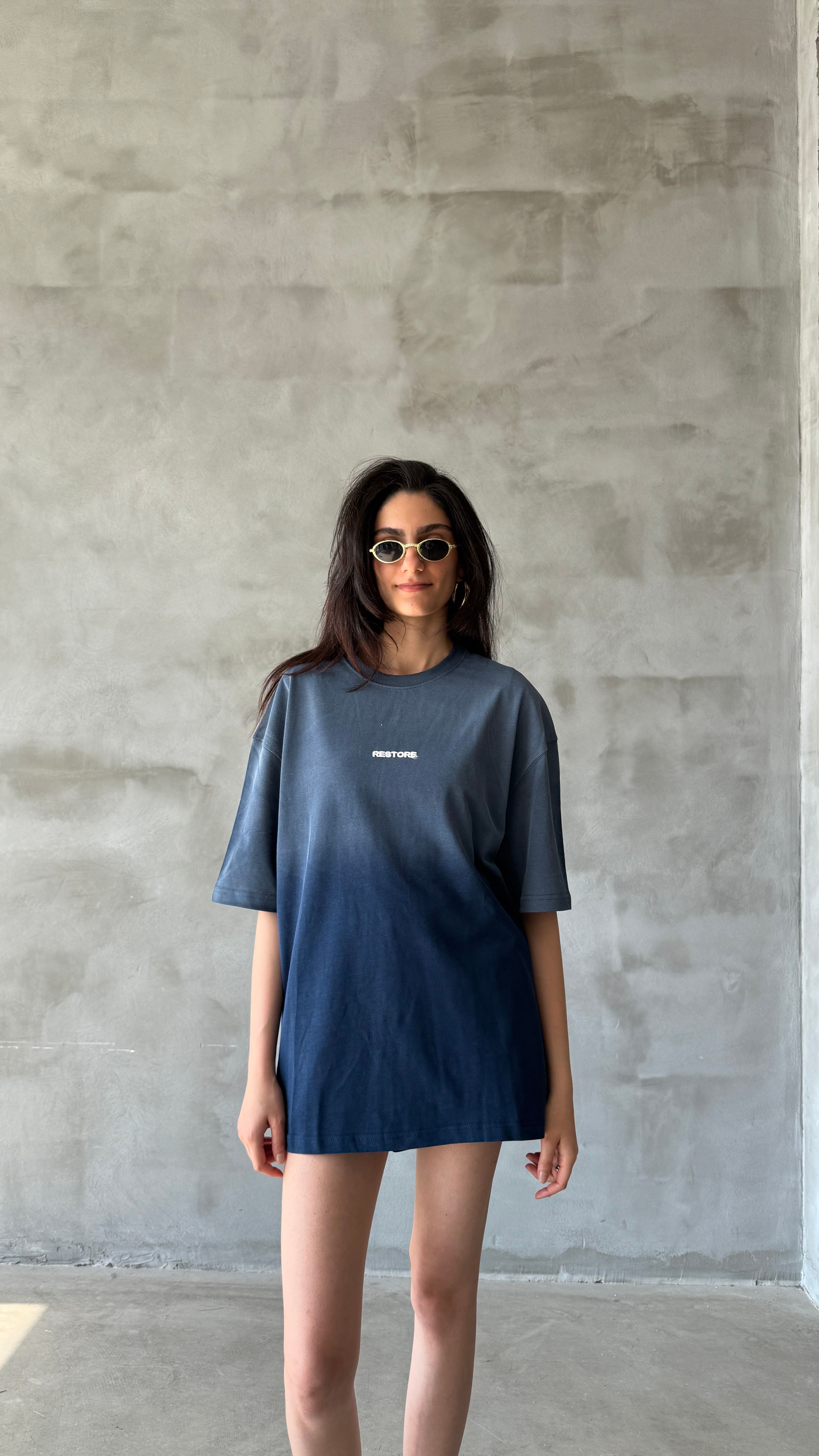 Lacivert Restore Yıkamalı Oversize Tişört 