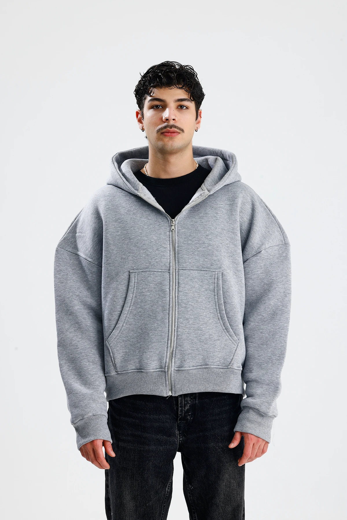 Basic Oversize Ziper Hoodie - Gri