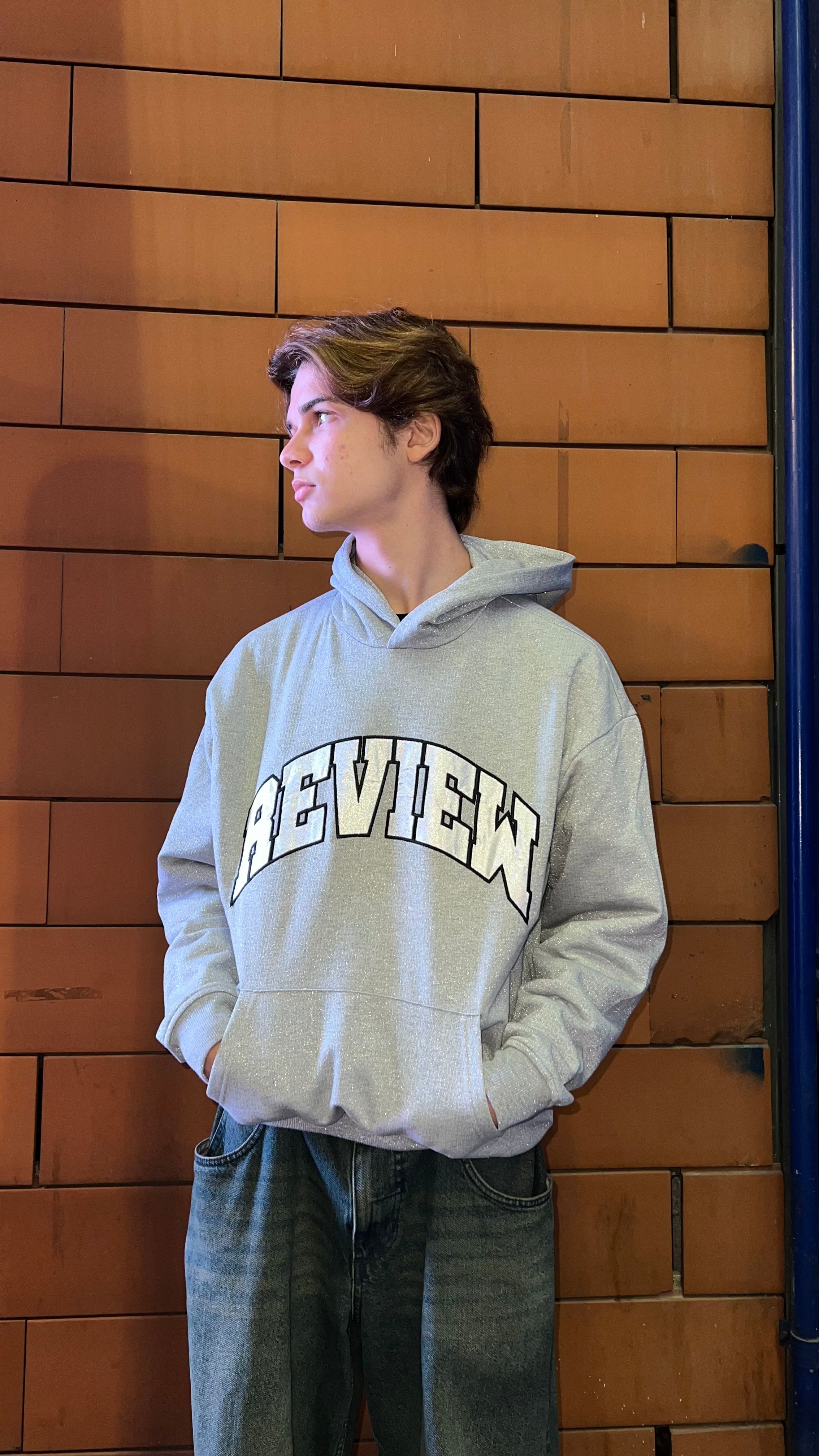 RW Grey Simli Nakış İşlemeli Oversize Hoodie