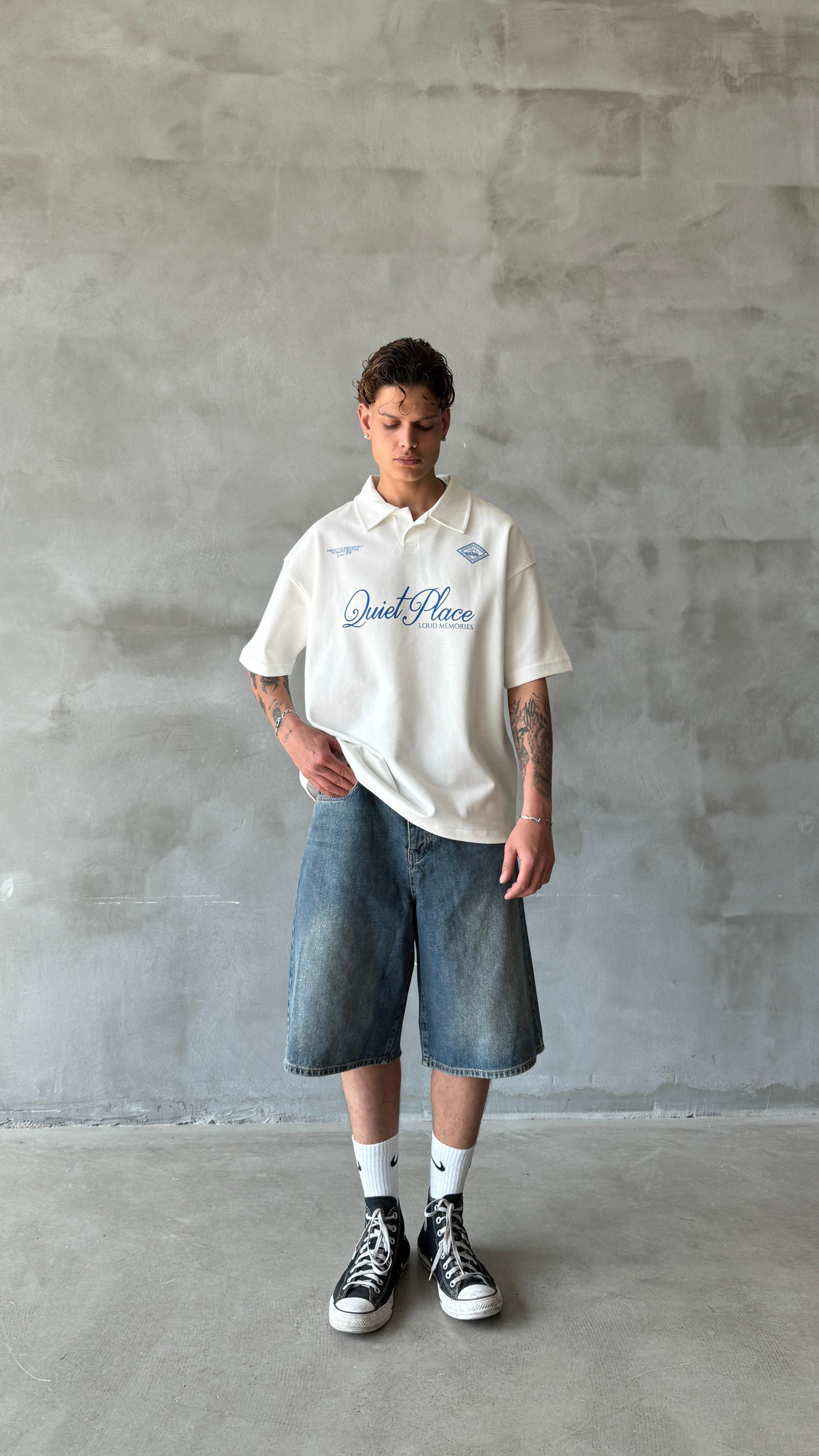Beyaz Quite Palace Polo Yaka Oversize Tişört 