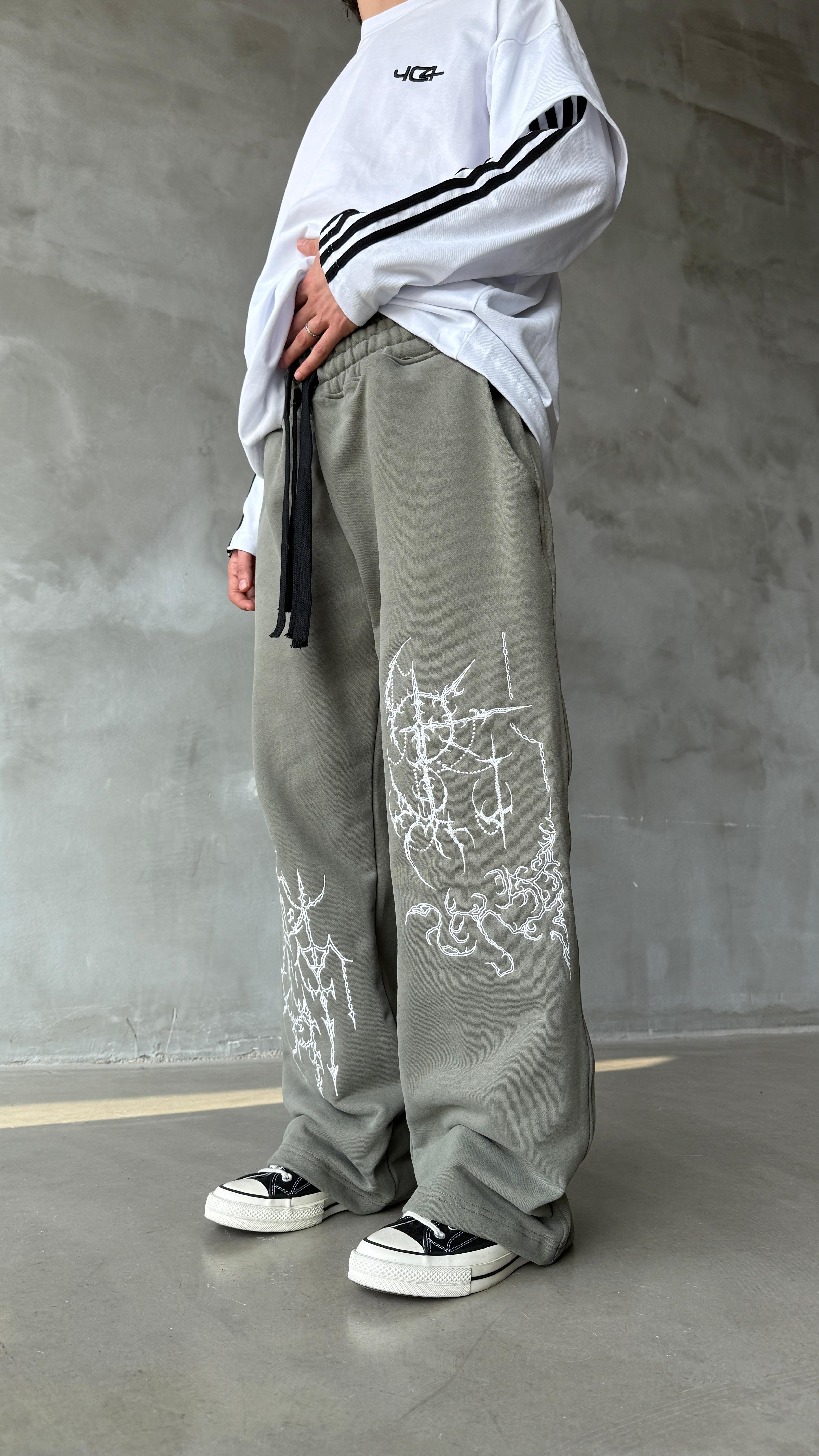 Haki Dreamcatcher Nakış İşlemeli Double Waist Premium Baggy Sweatpant