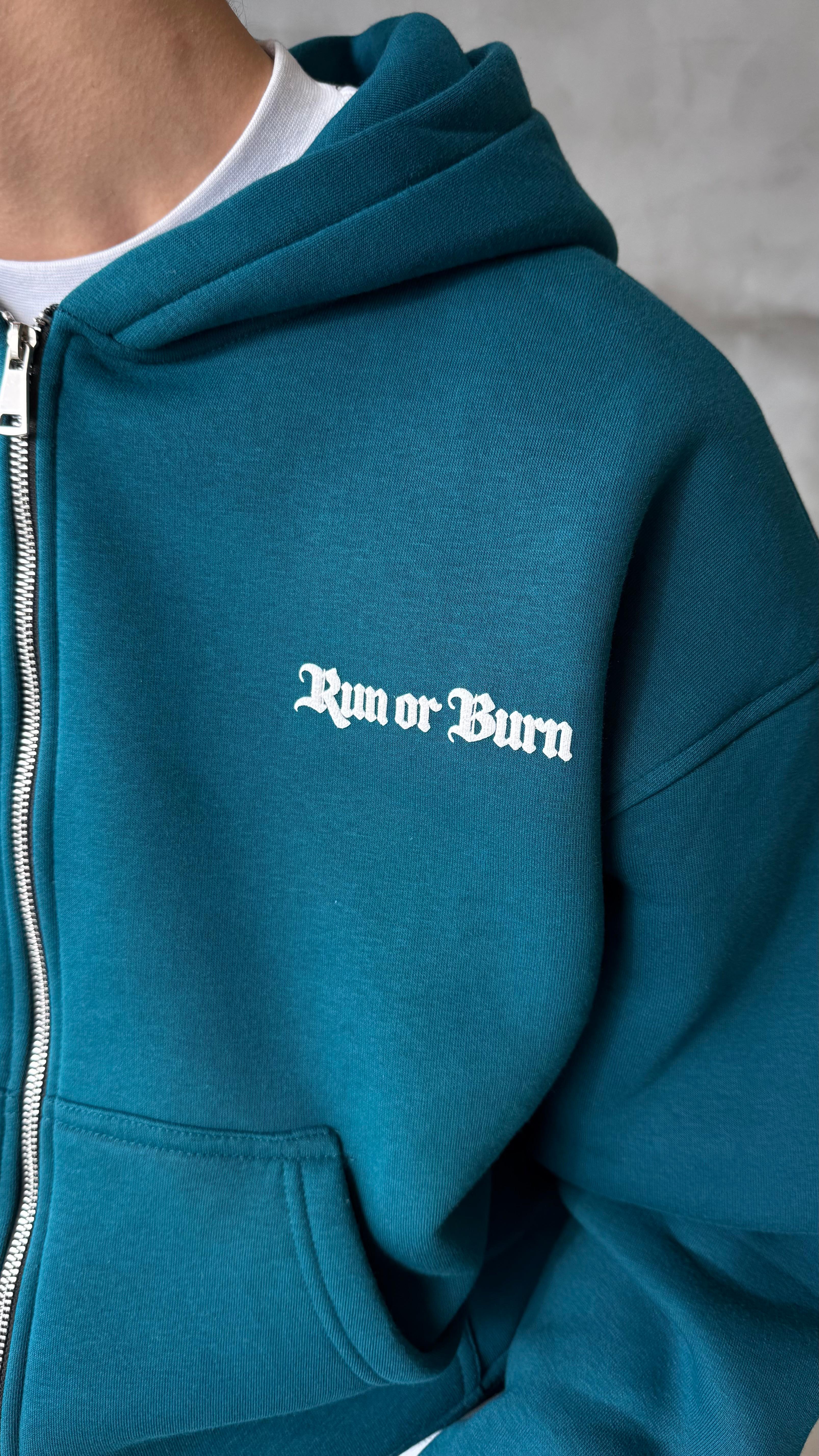 Run Or Burn Petrol Yeşili Oversize Zipper Hoodie