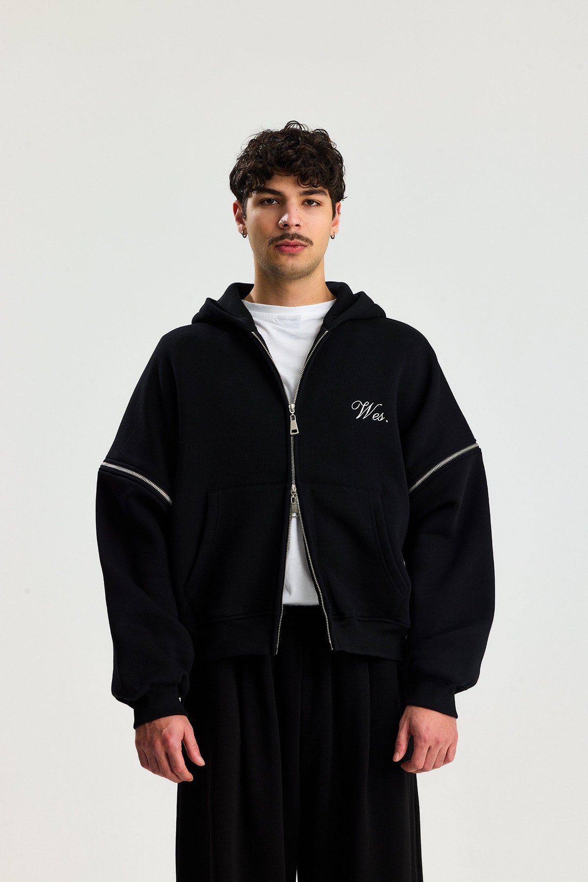 Wes Kolları Çıkarılabilir Premium Nakış Detay Boxy Fit Zipper Hoodie
