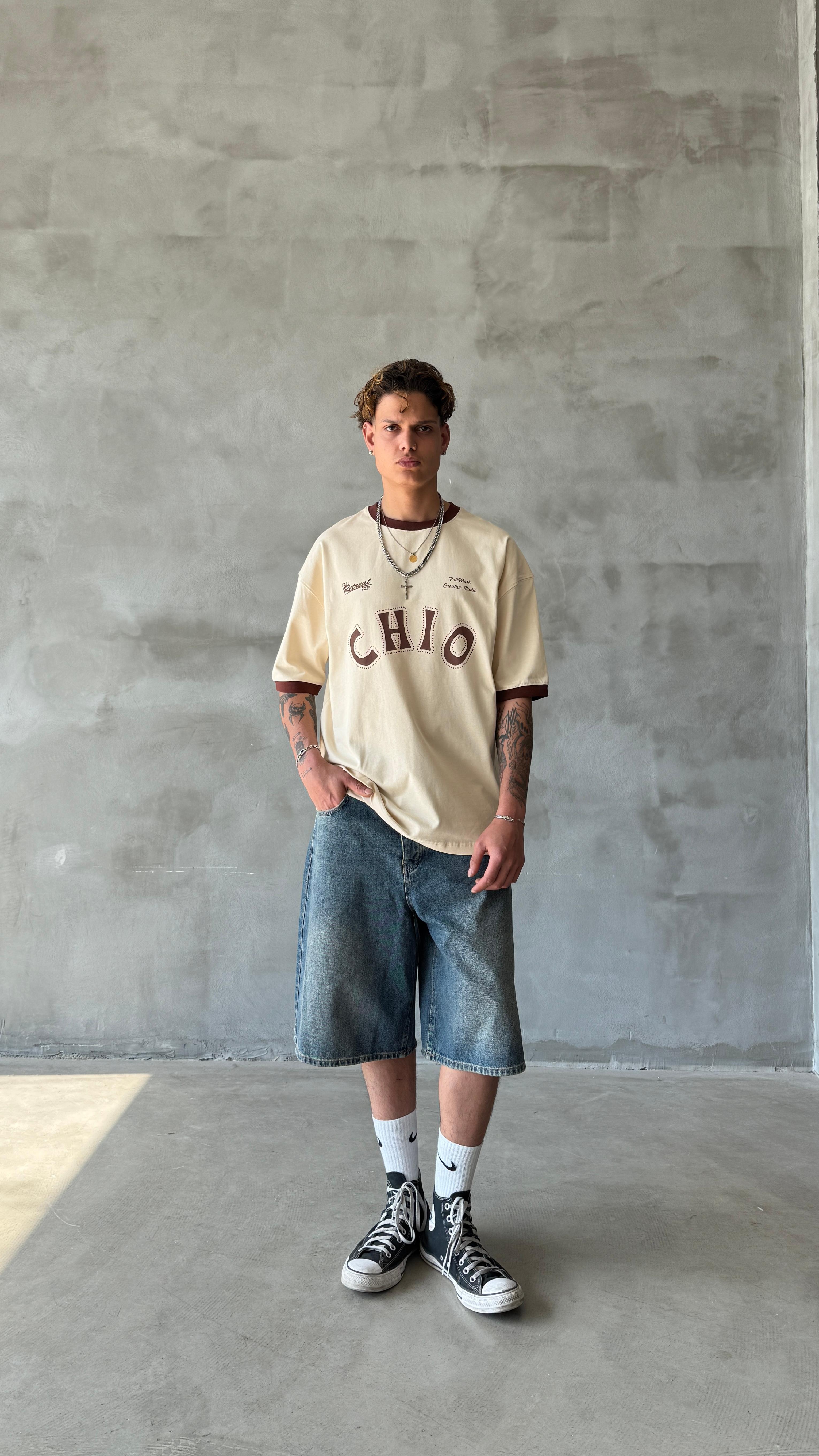 Krem Chio Oversize Tişört 