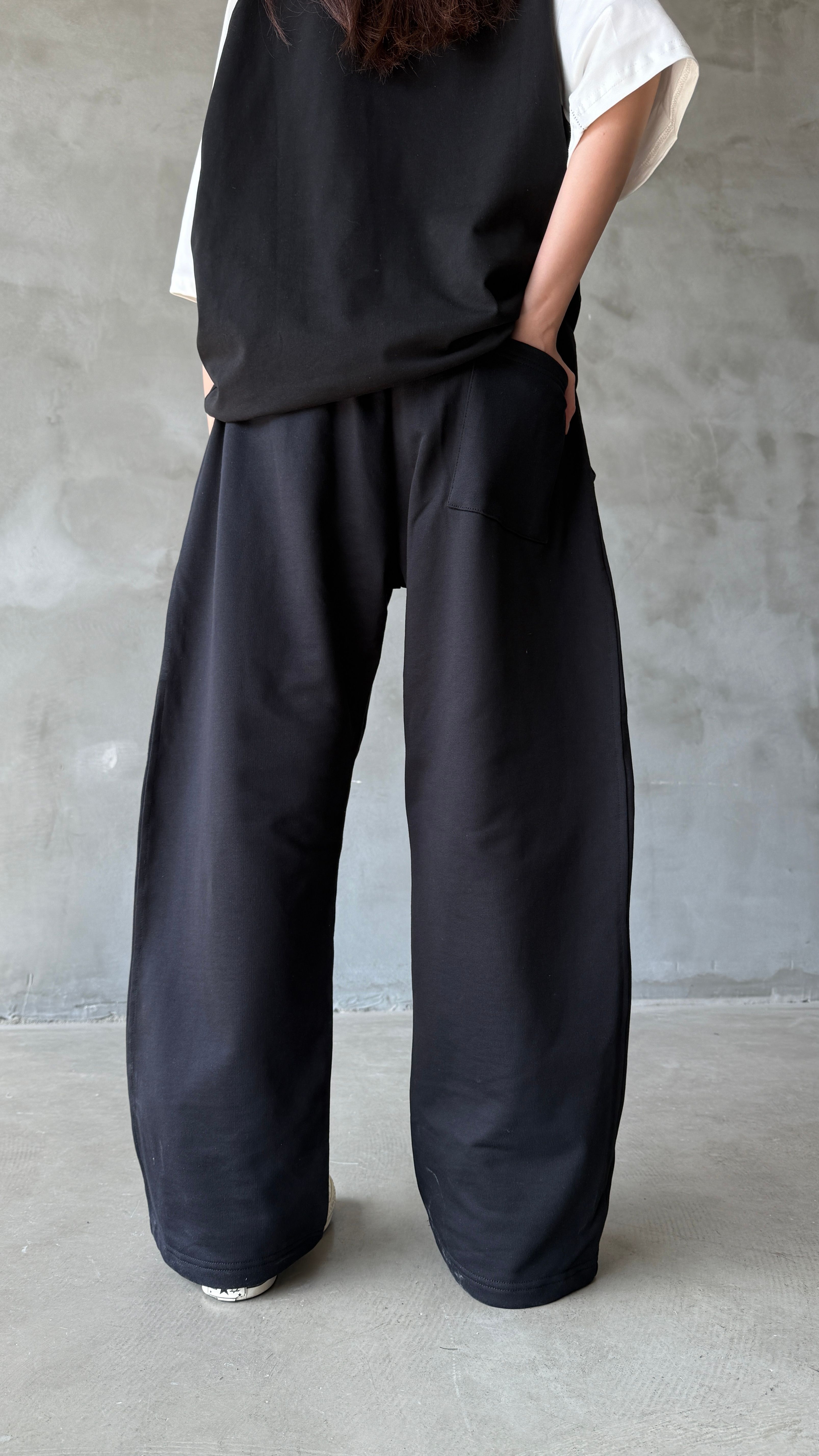 Siyah Yıkamalı Double Swords Nakış Detay Double Waist Premium Baggy Sweatpant