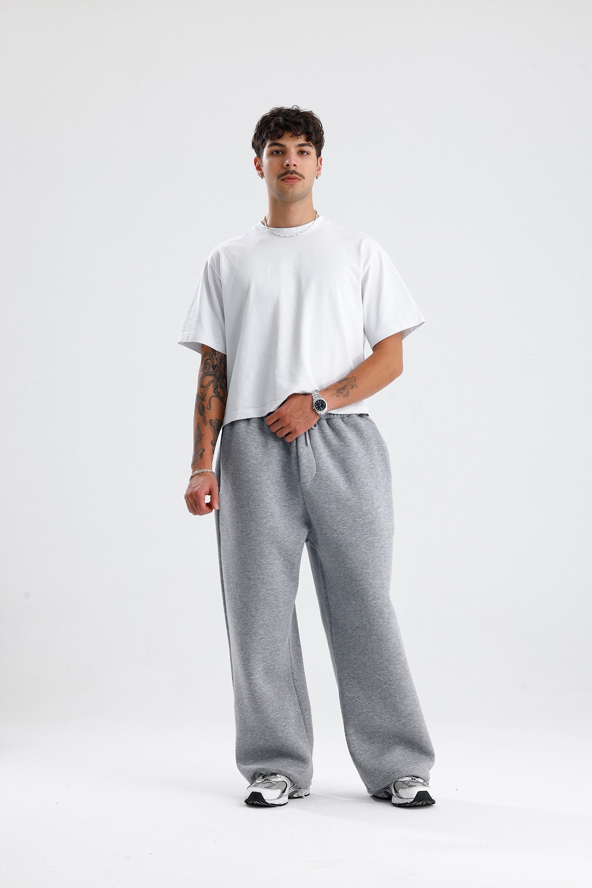 Gri Basic Kışlık Kumaş Paçası Ayarlanabilir Baggy Eşofman