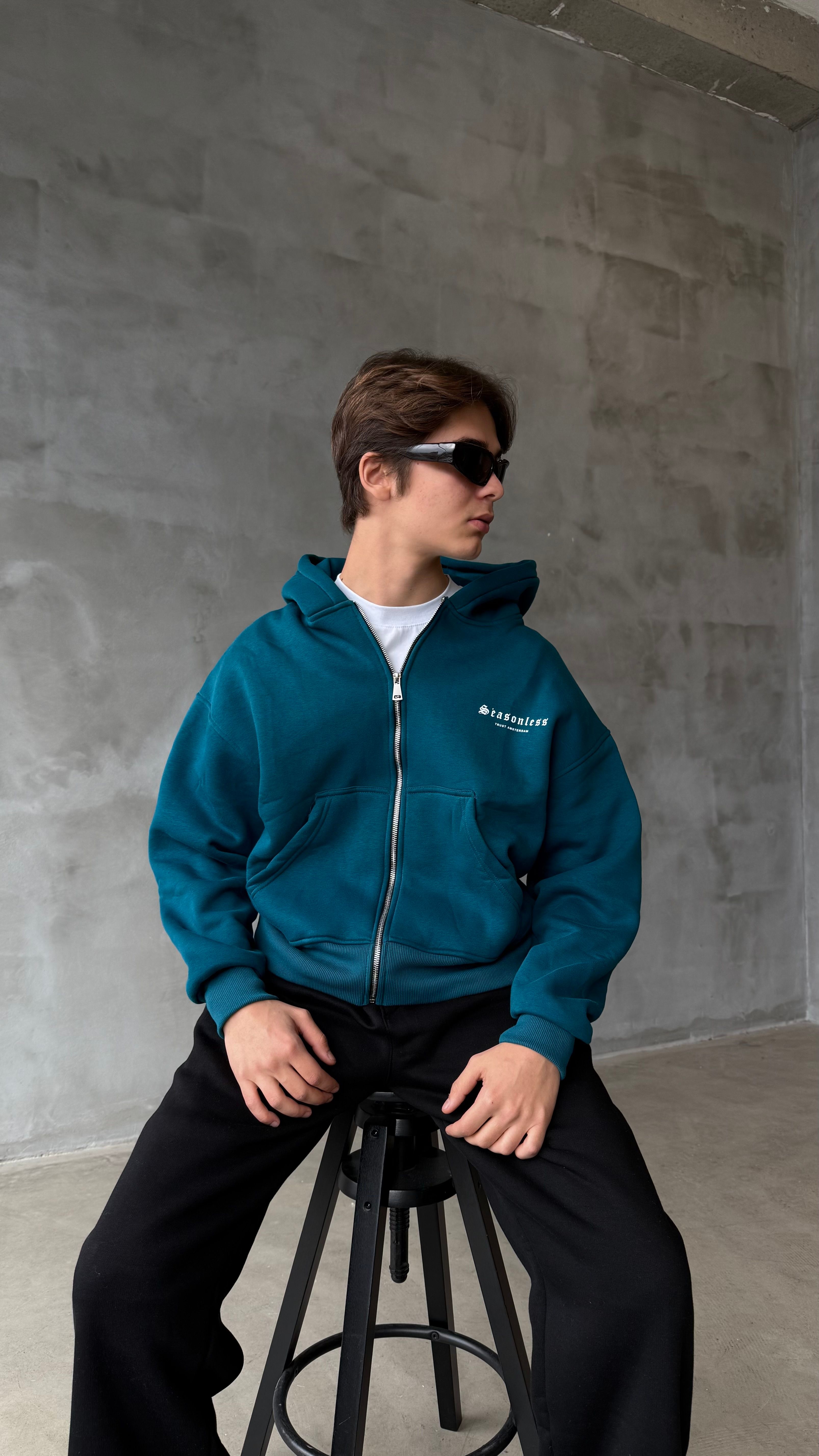 Seasonless Petrol Yeşili Oversize Zipper Hoodie