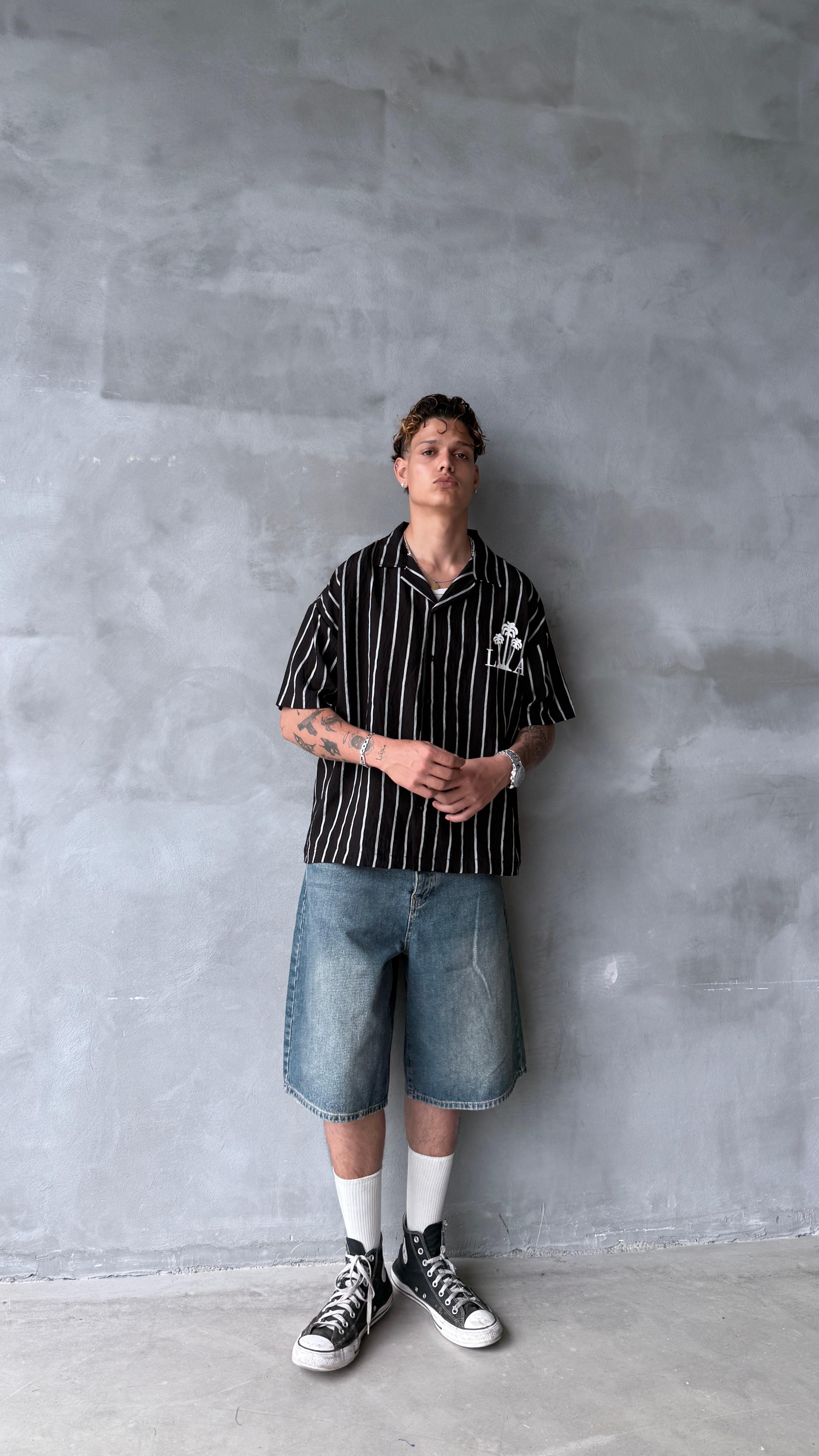 Siyah LA Çizgili Oversize Keten Gömlek