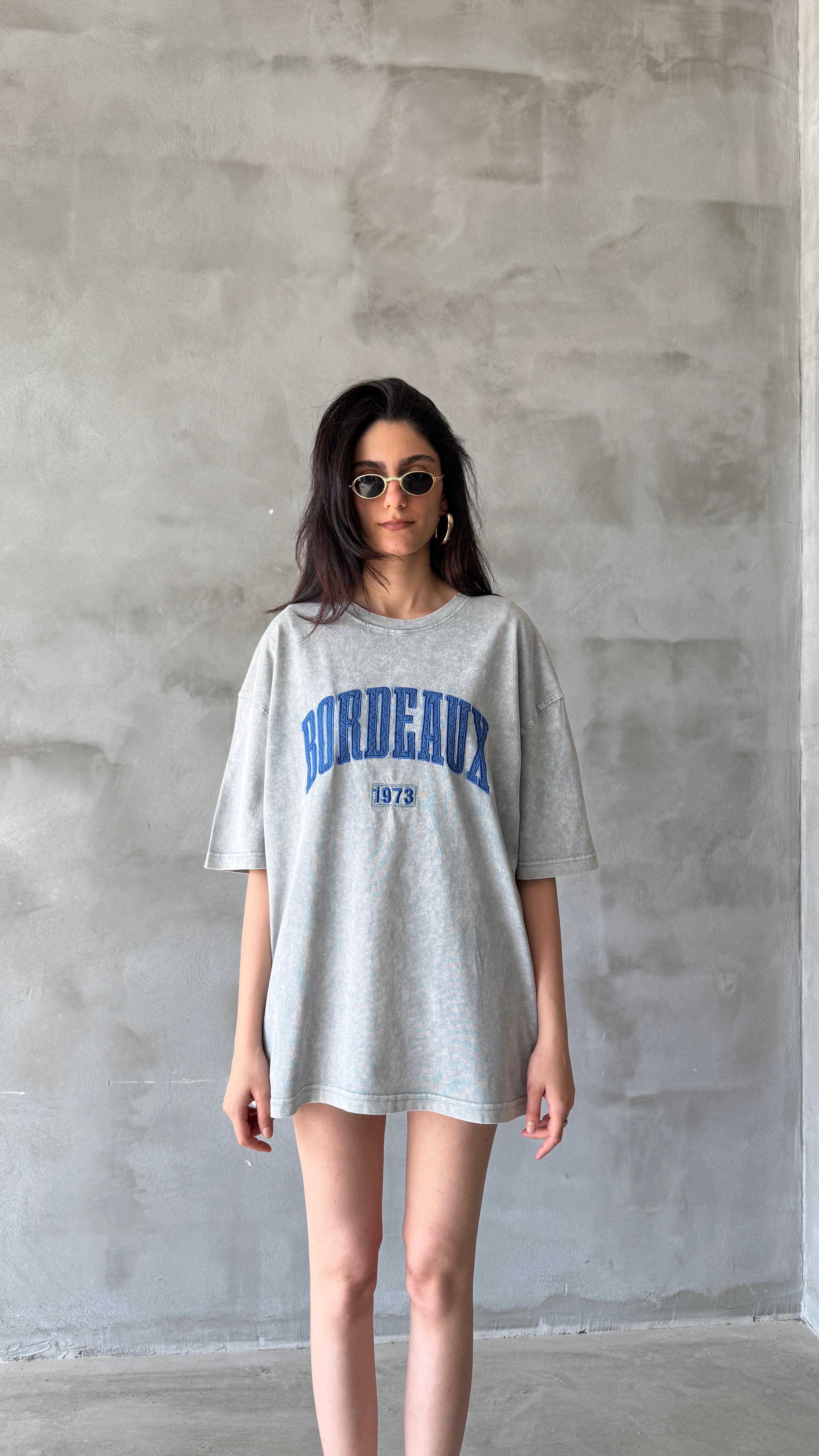 Gri Bordeaux Yıkamalı Oversize Tişört 