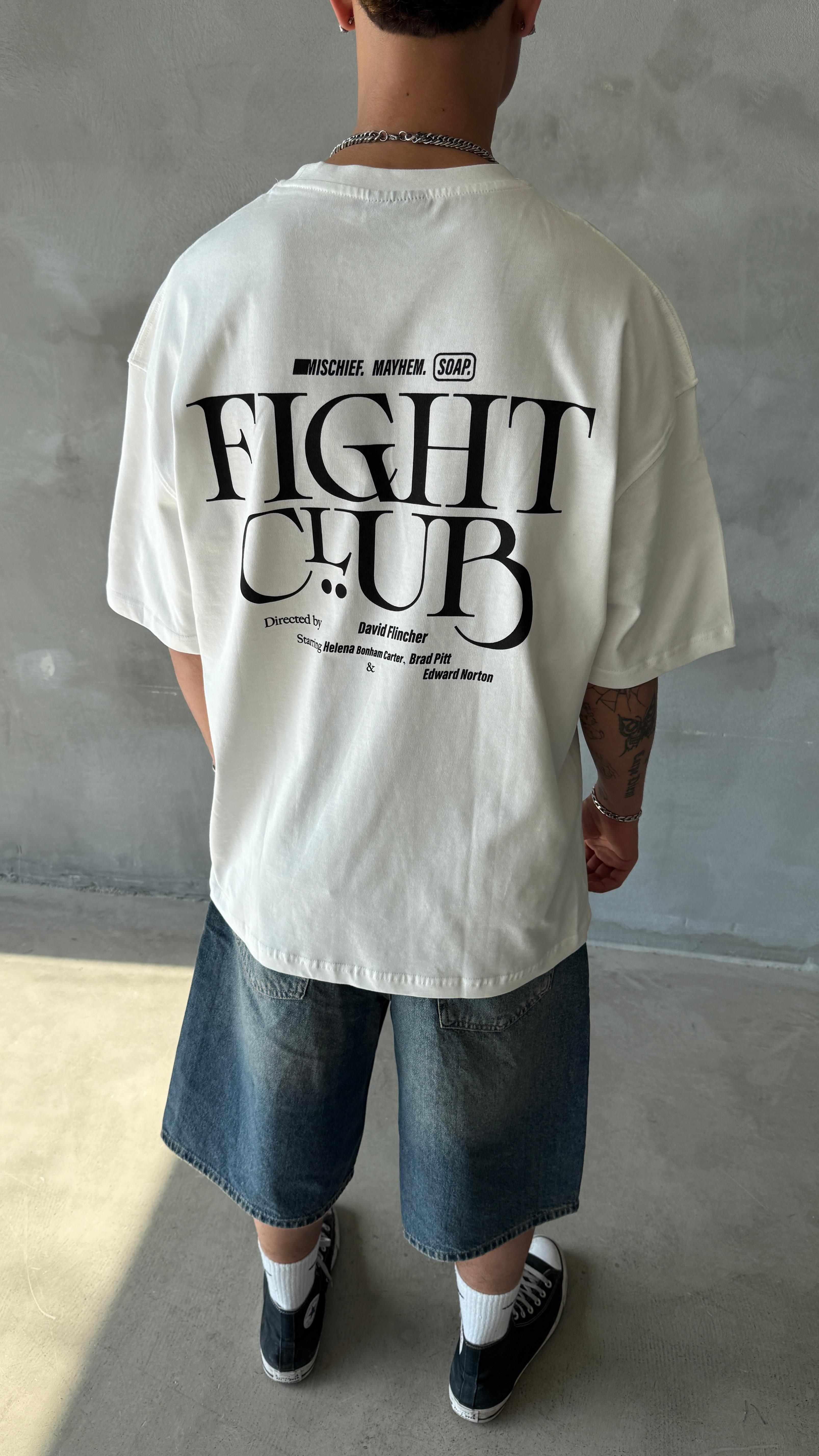 Beyaz Fight Club Oversize Tişört 
