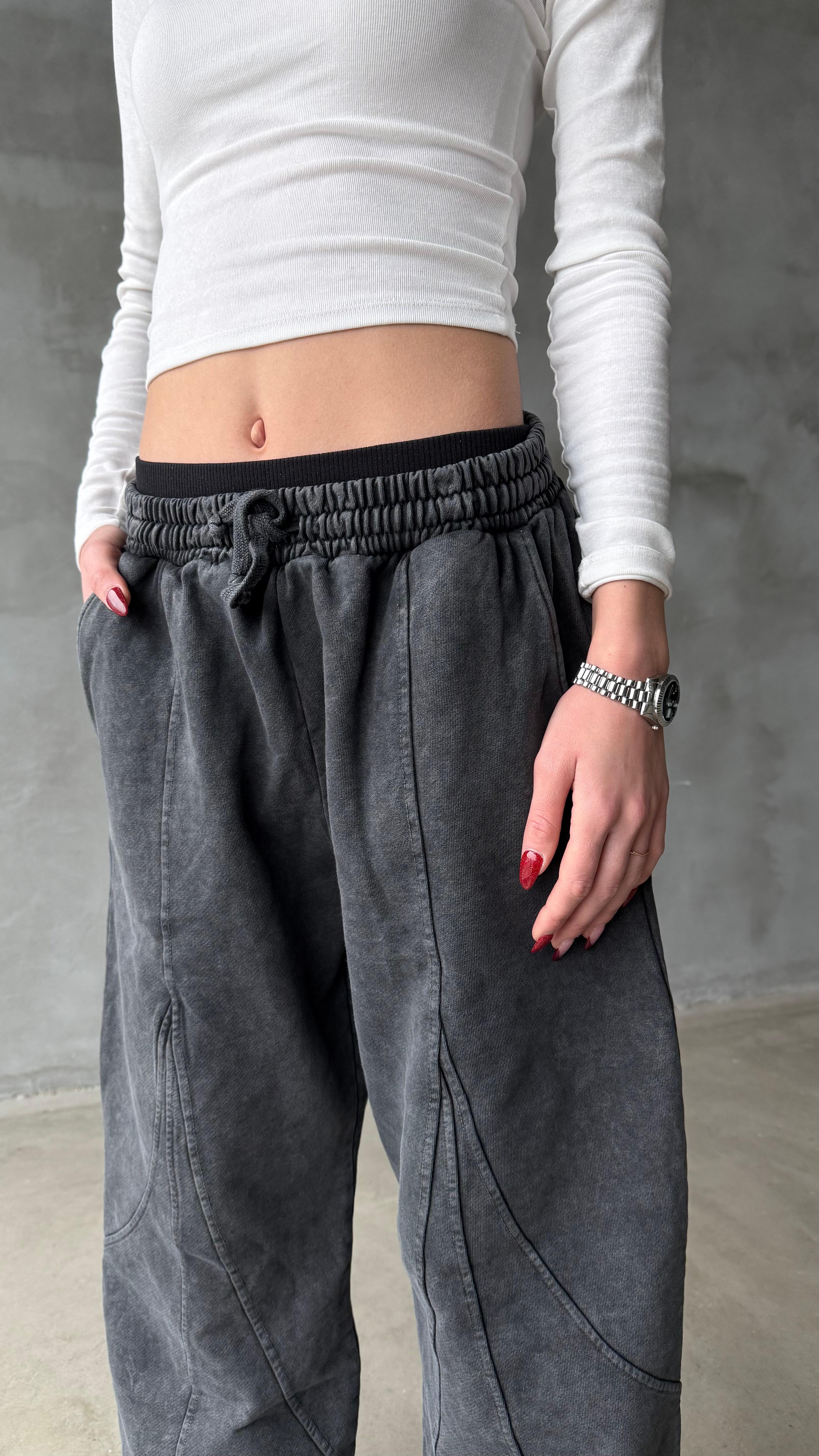 Drop Lines Koyu Antrasit Yıkamalı Premium Baggy Sweatpant