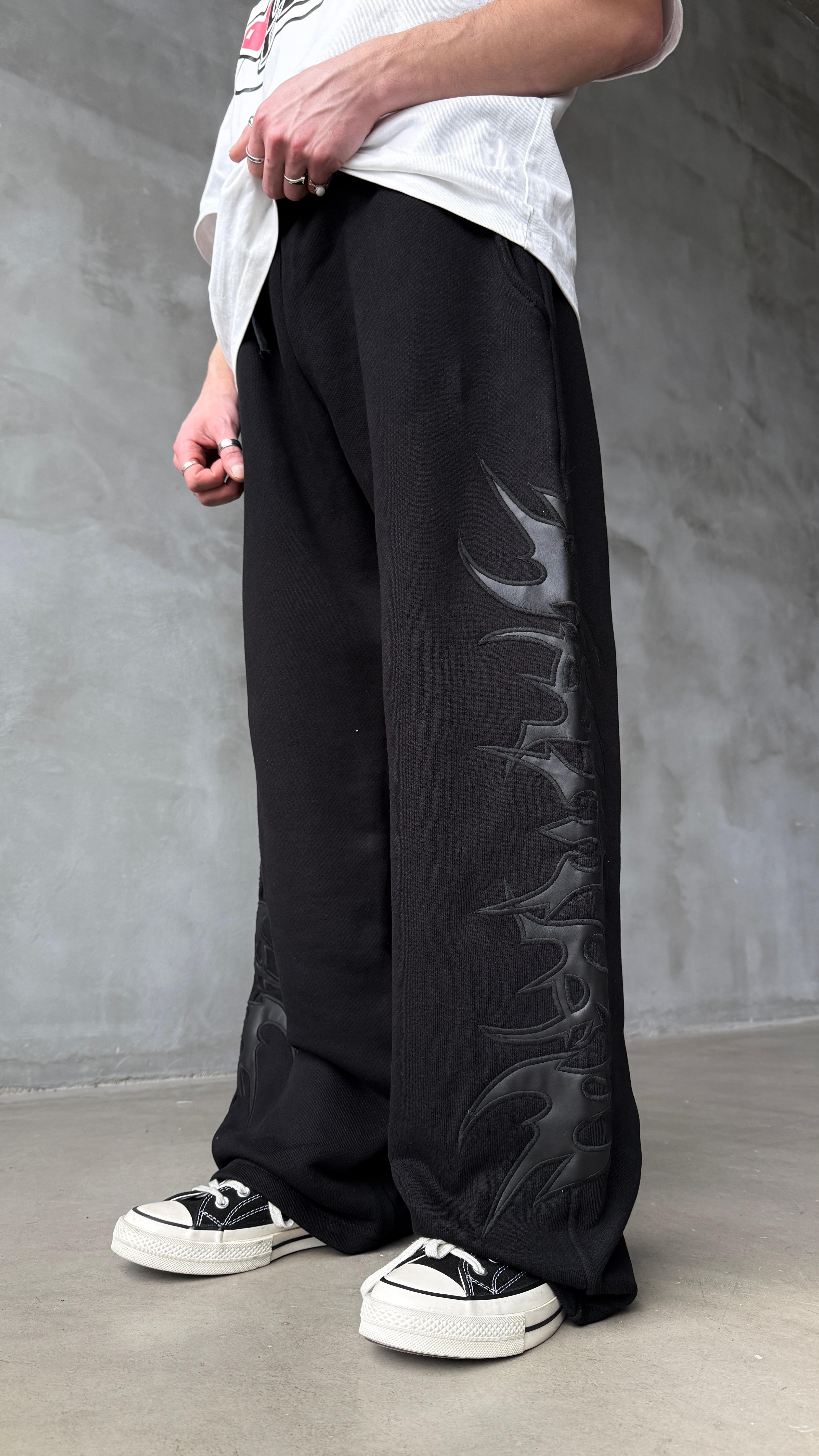 Siyah Tribal Deri Detay Double Waist Premium Baggy Sweatpant 