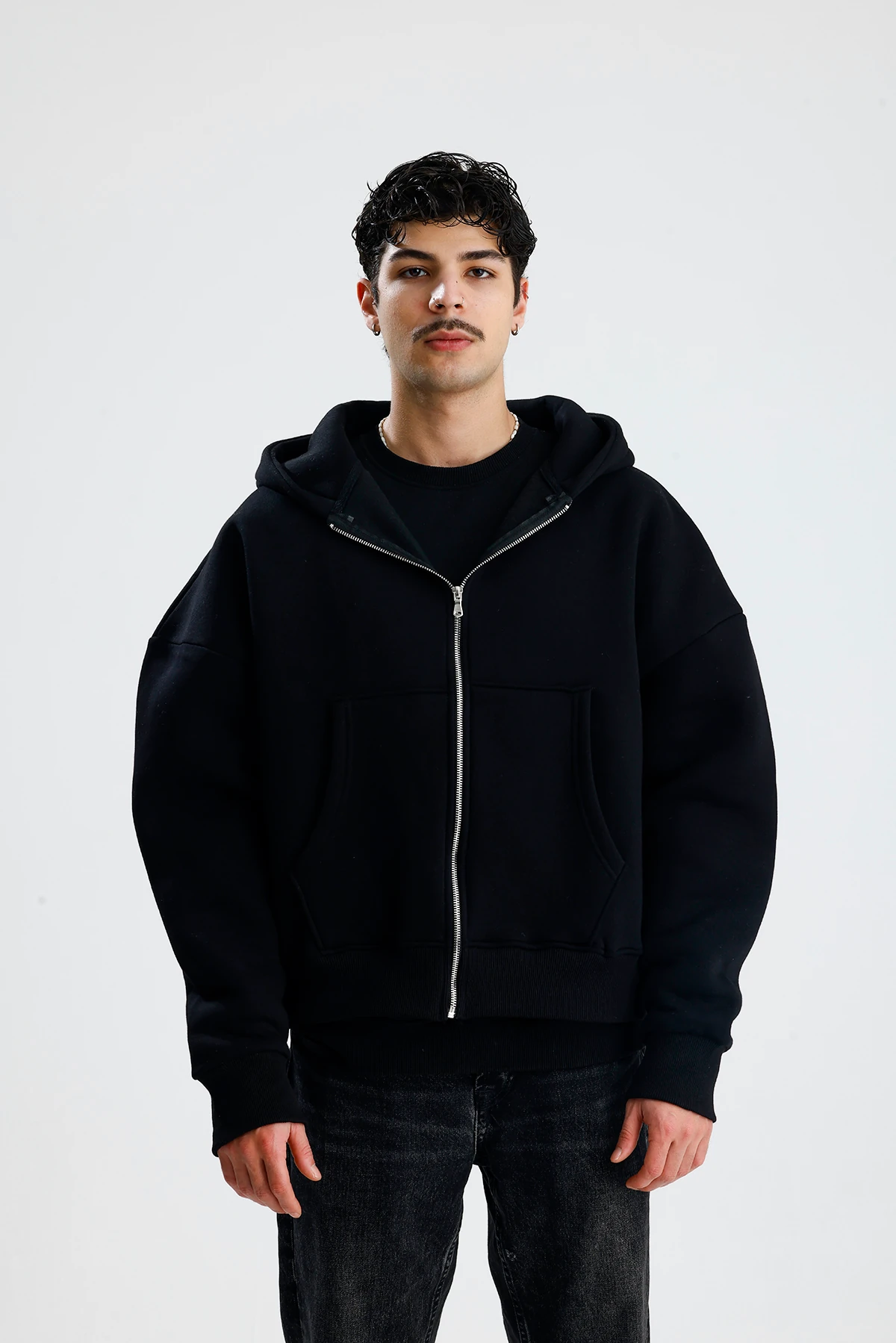 Basic Oversize Ziper Hoodie - Siyah