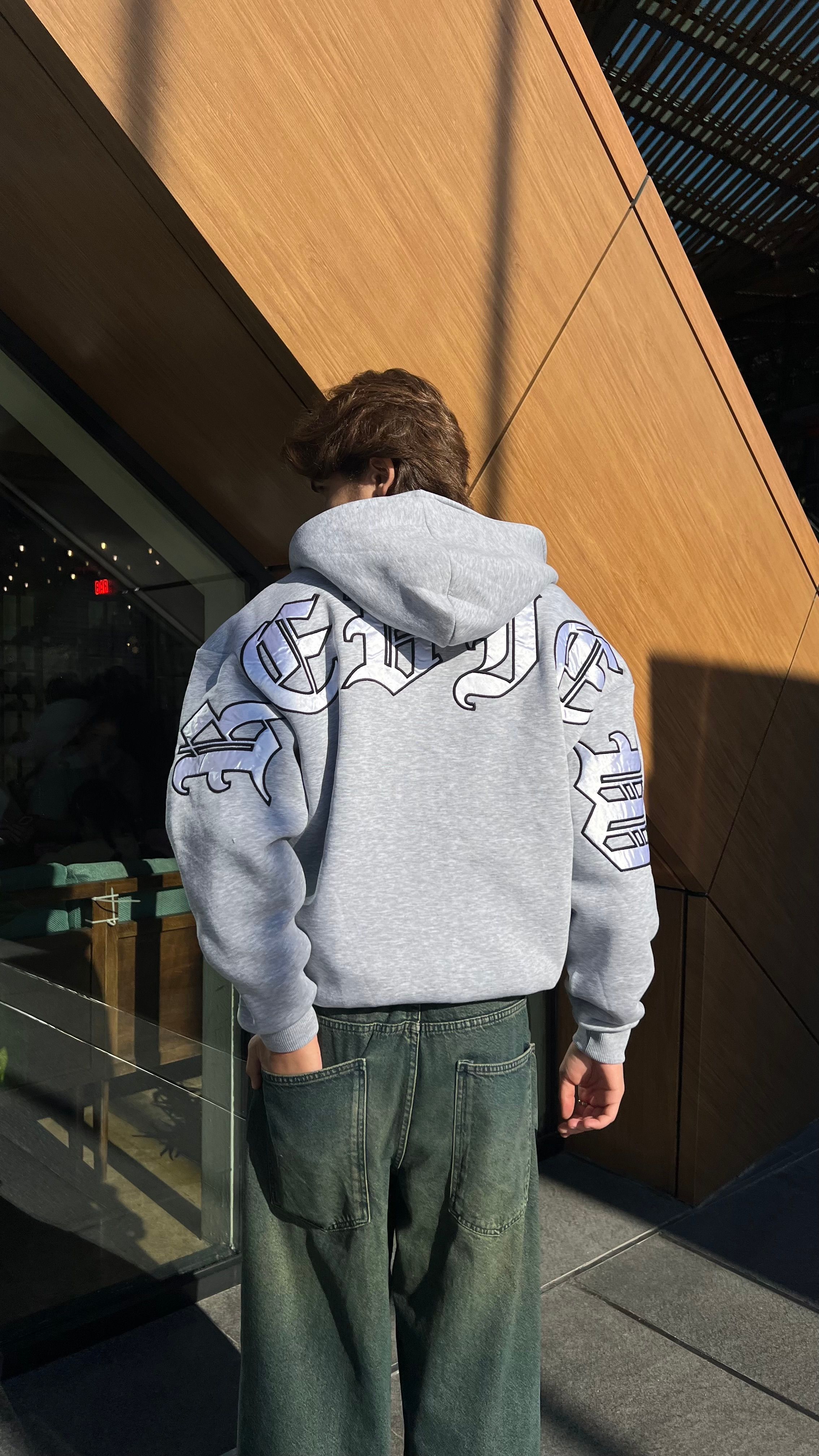 RW Grey 1 Nakış İşlemeli Oversize Zipper Hoodie