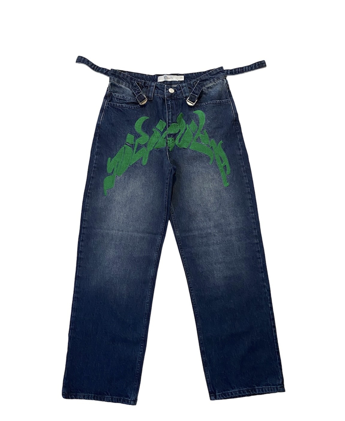 Yeşil Nakış İşlemeli Baggy Jean