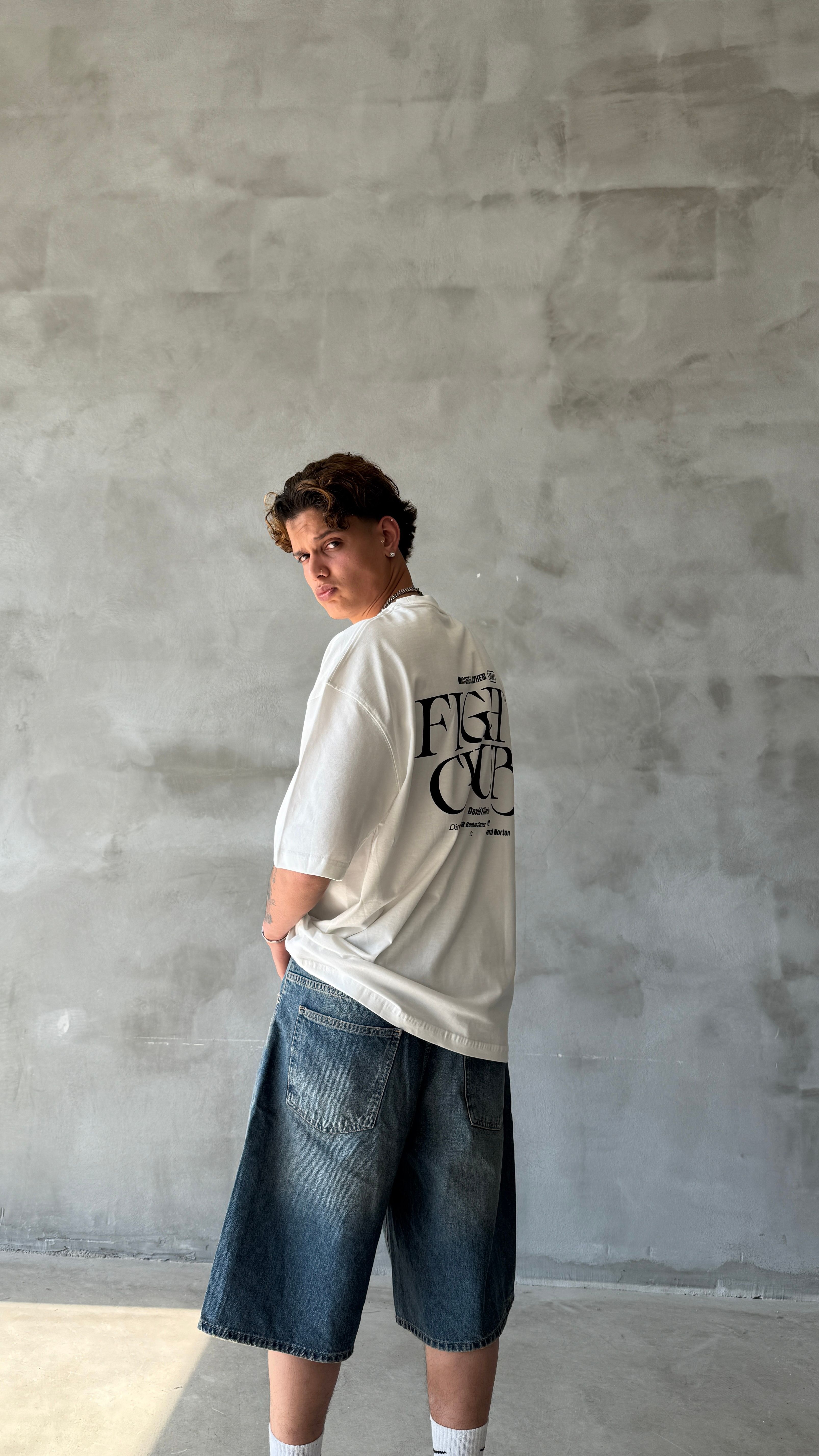 Beyaz Fight Club Oversize Tişört 