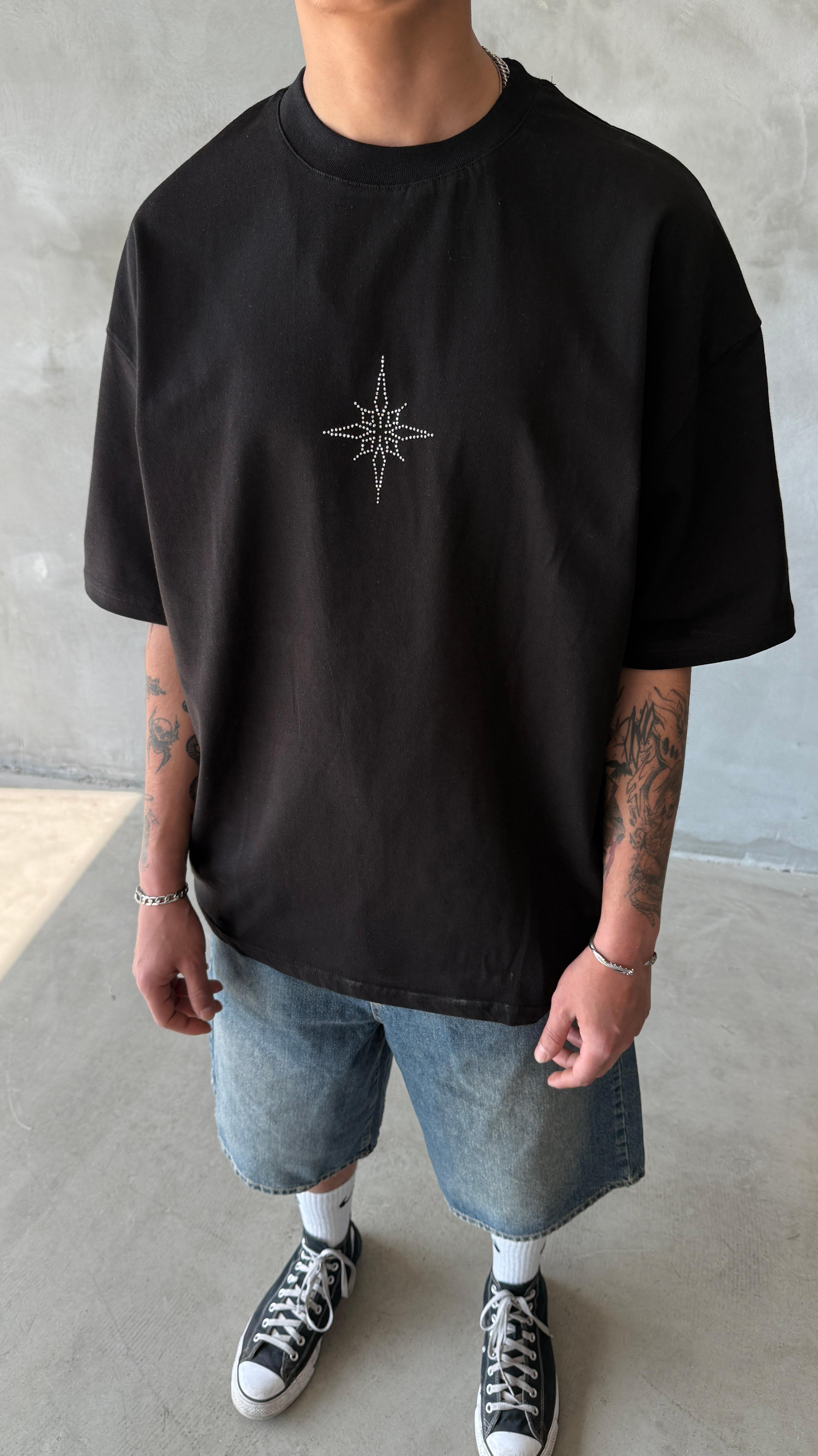 Siyah Rhinestones Taş İşlemeli Oversize Tişört 