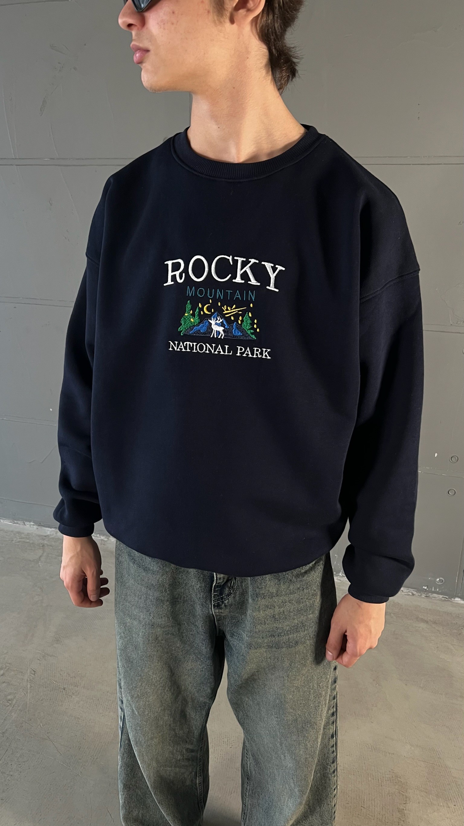 Koyu Lacivert Rocky Nakış İşlemeli Oversize Sweatshirt 