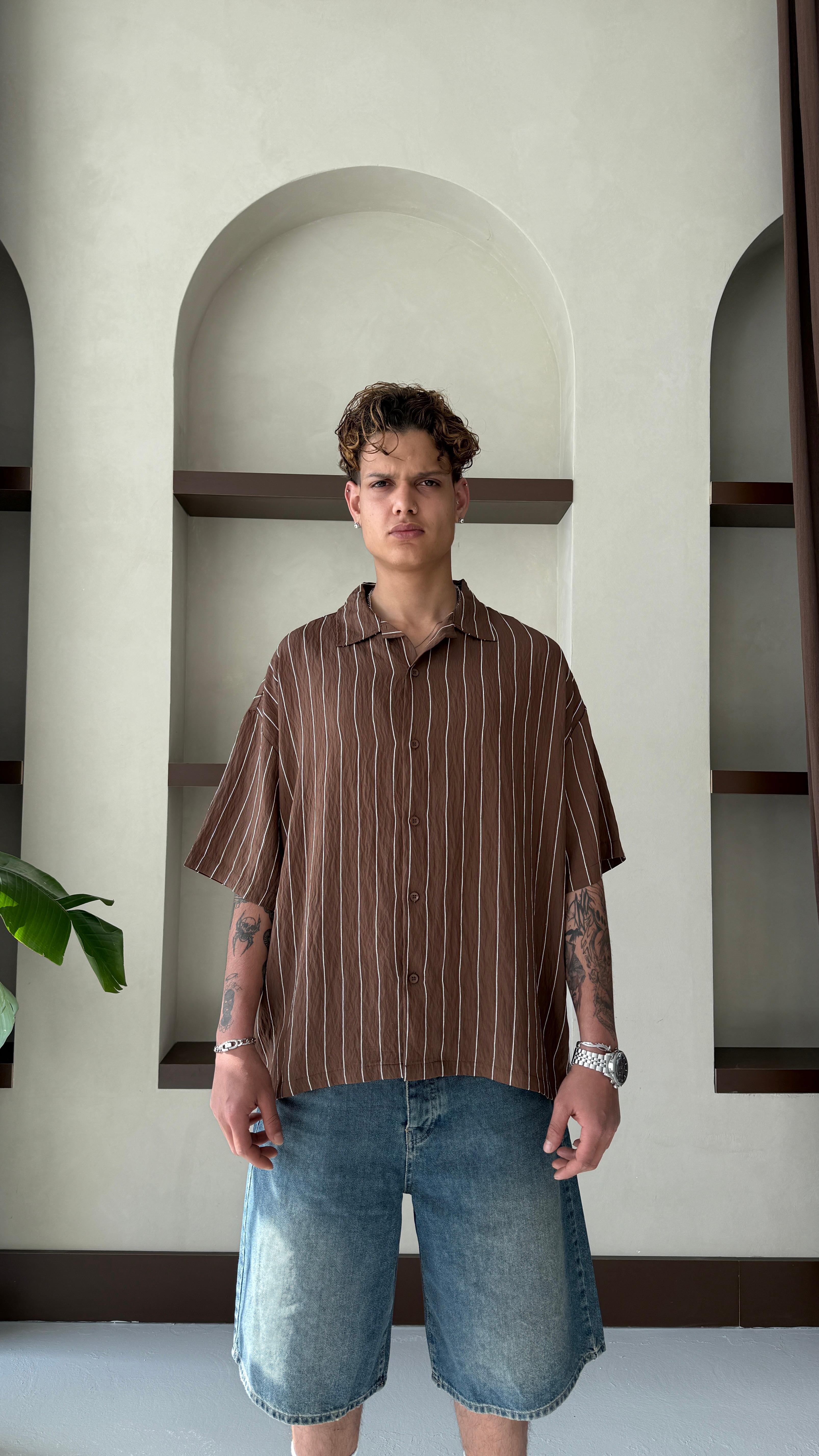 Kahve Çizgili Oversize Keten Gömlek