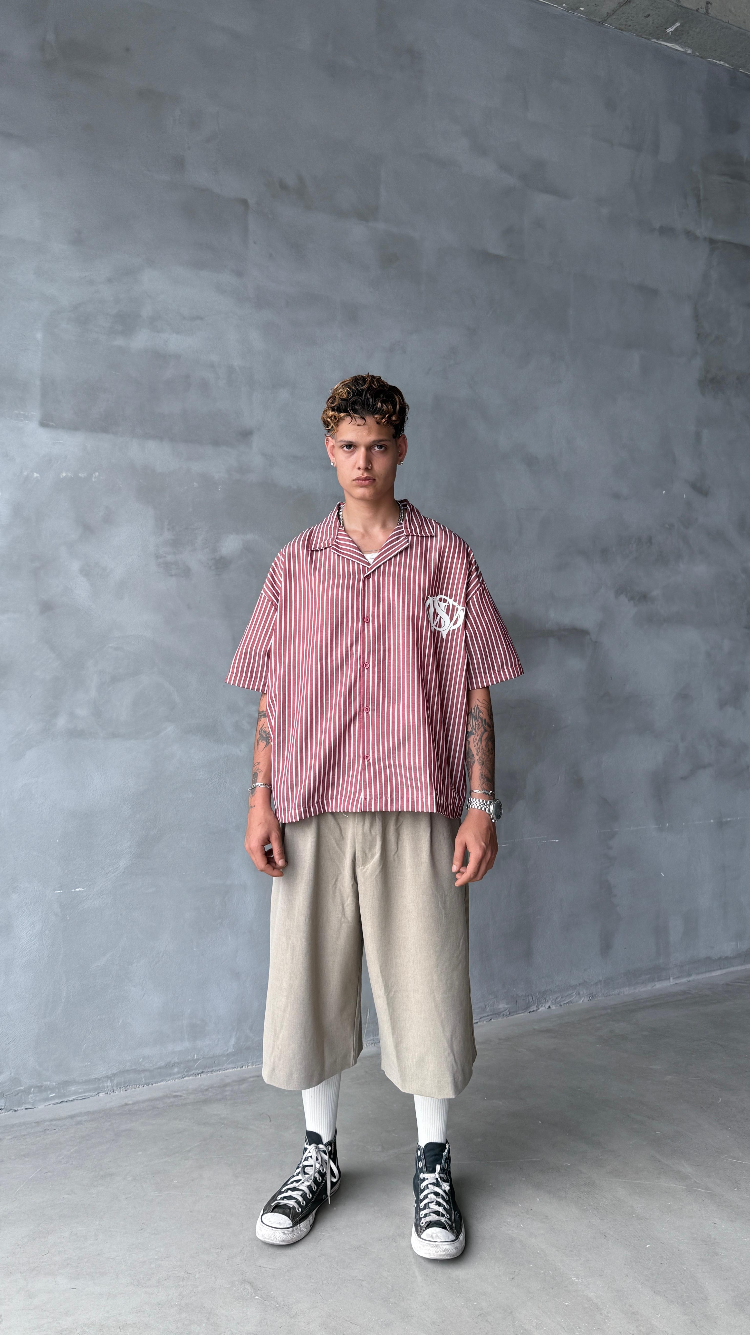 VSV Bordo Çizgili Oversize Gömlek 