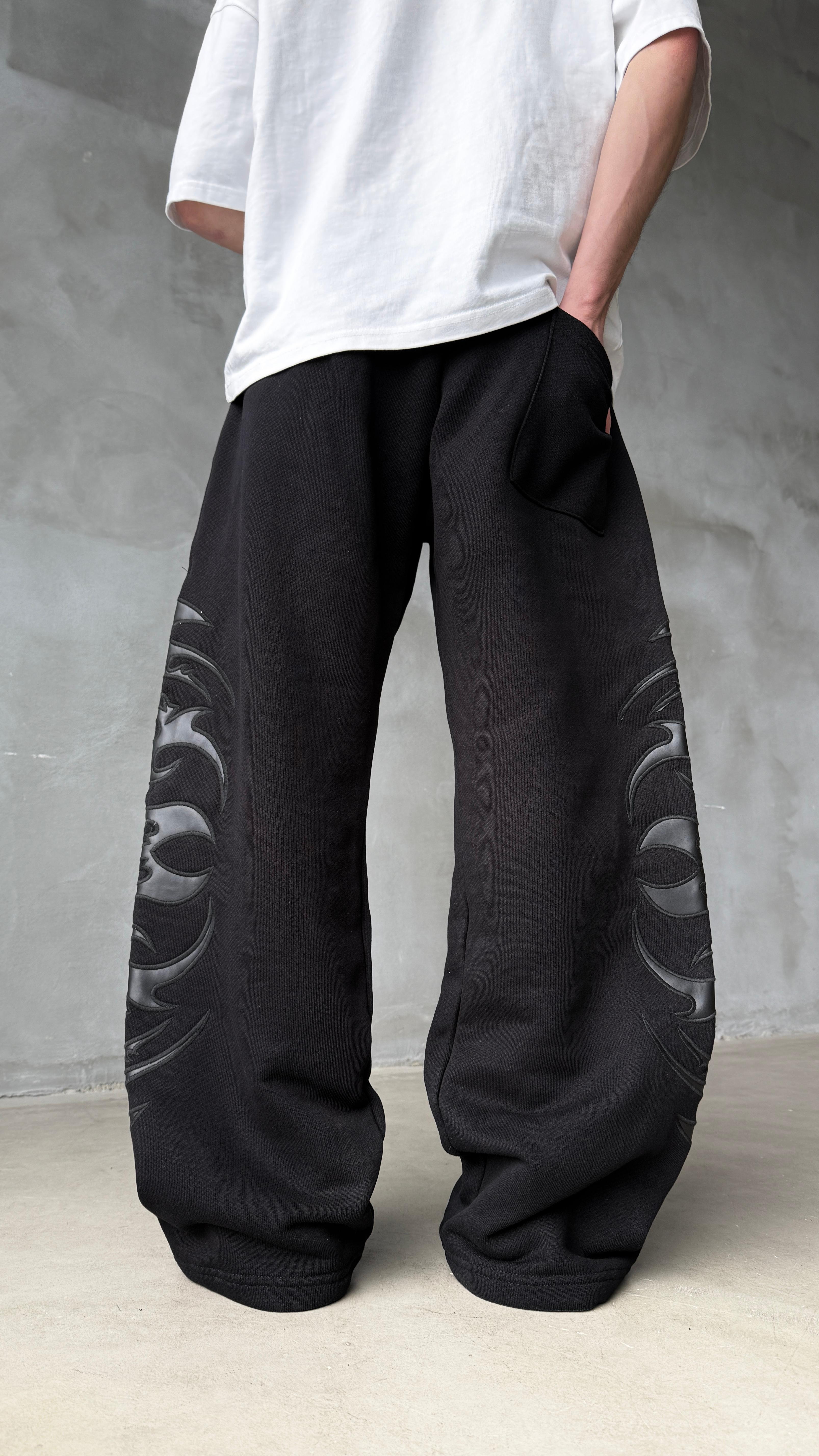 Siyah Tribal Deri Detay Double Waist Premium Baggy Sweatpant 