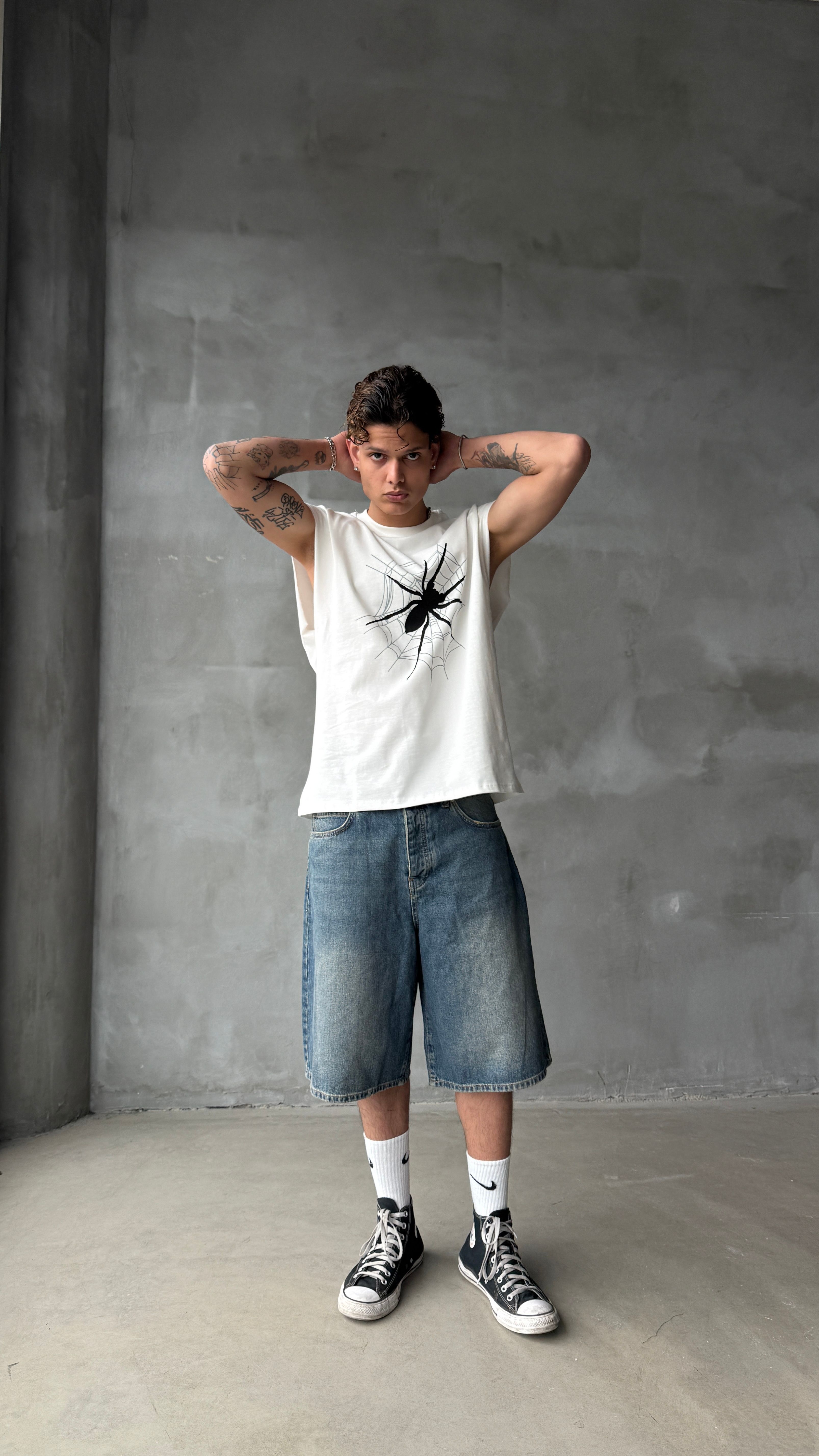 Spider Beyaz Yarım Kol Oversize Tişört 