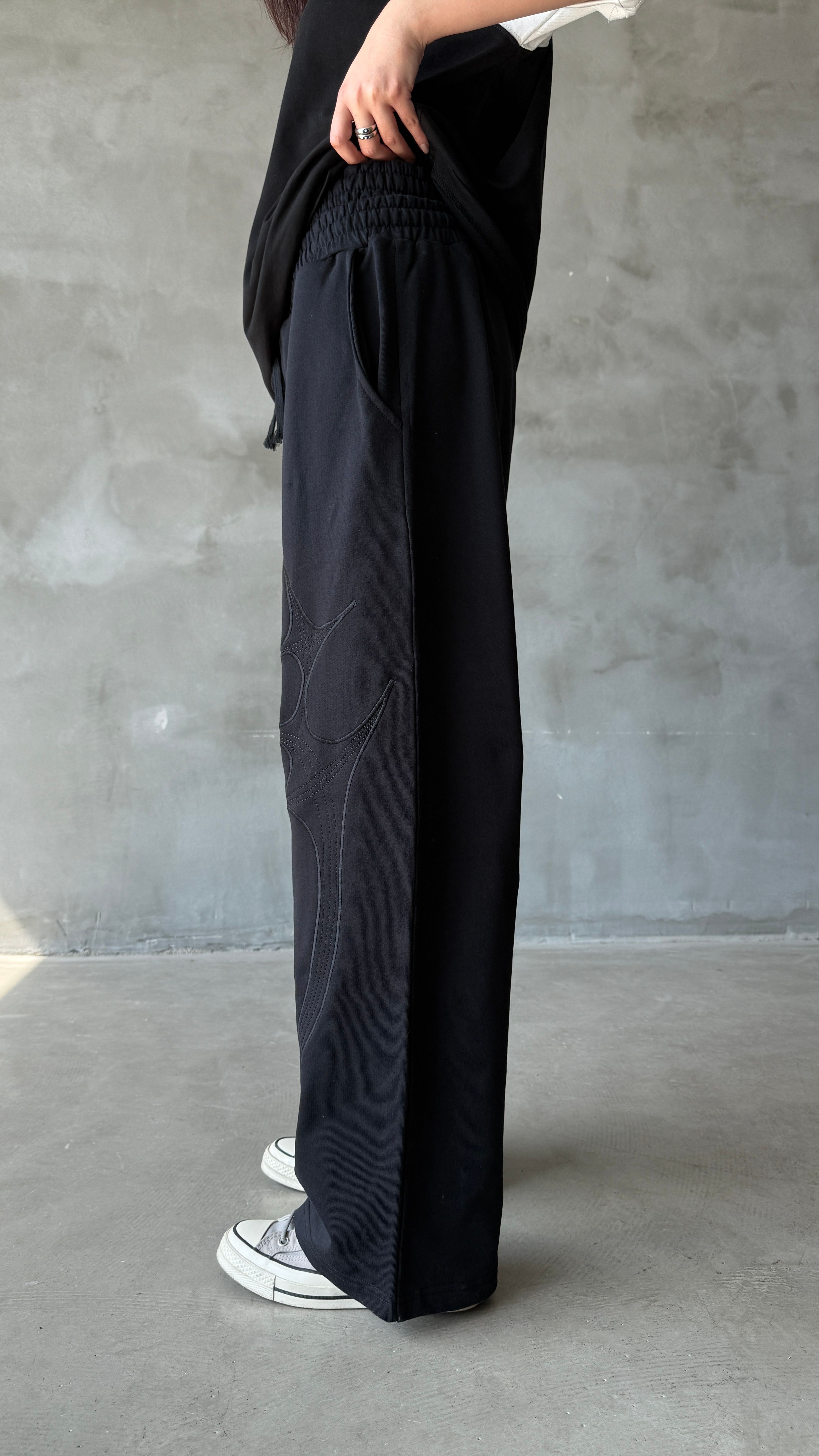 Siyah Yıkamalı Double Swords Nakış Detay Double Waist Premium Baggy Sweatpant