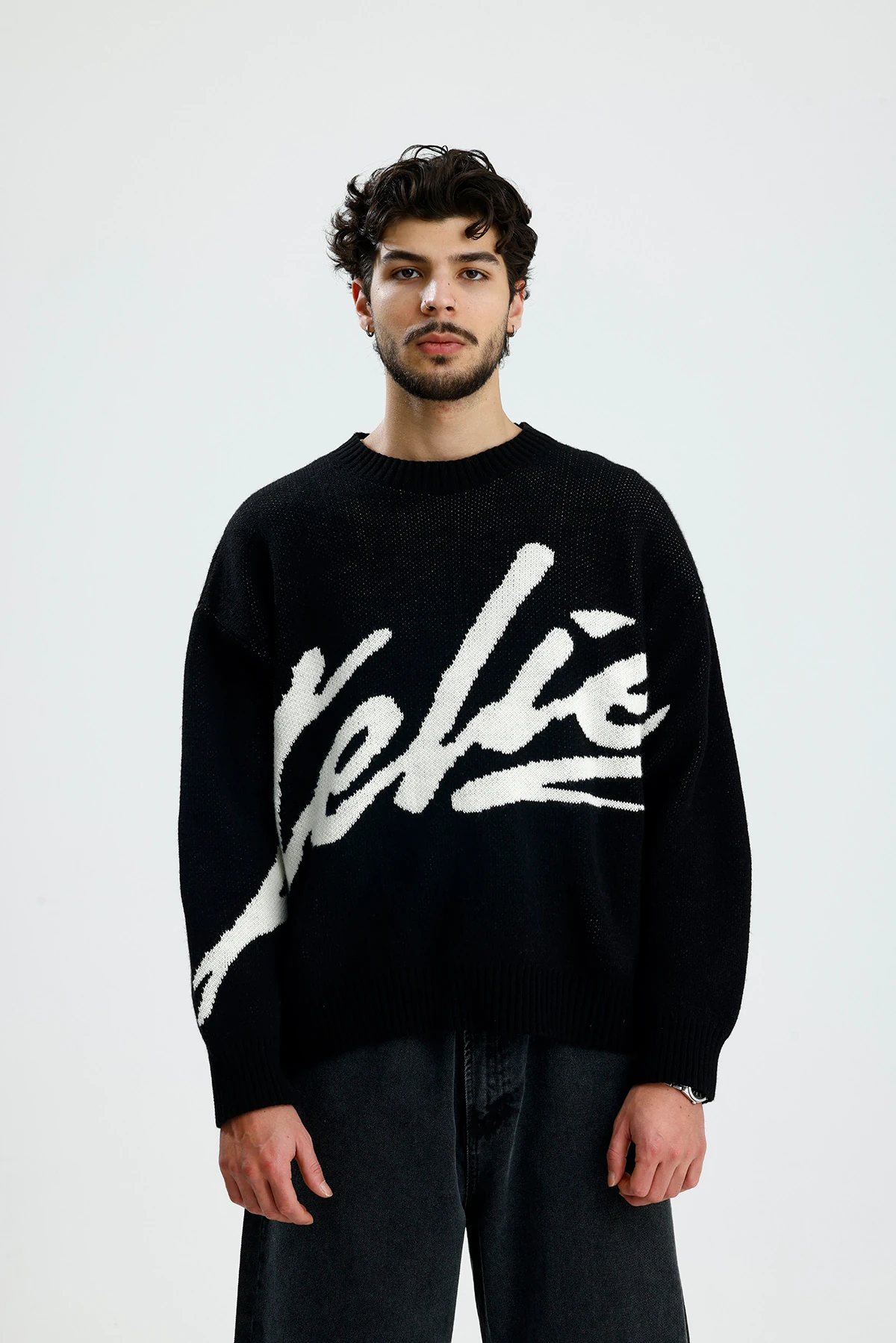 Siyah Steliez Premium Boxy Fit Oversize Triko Kazak