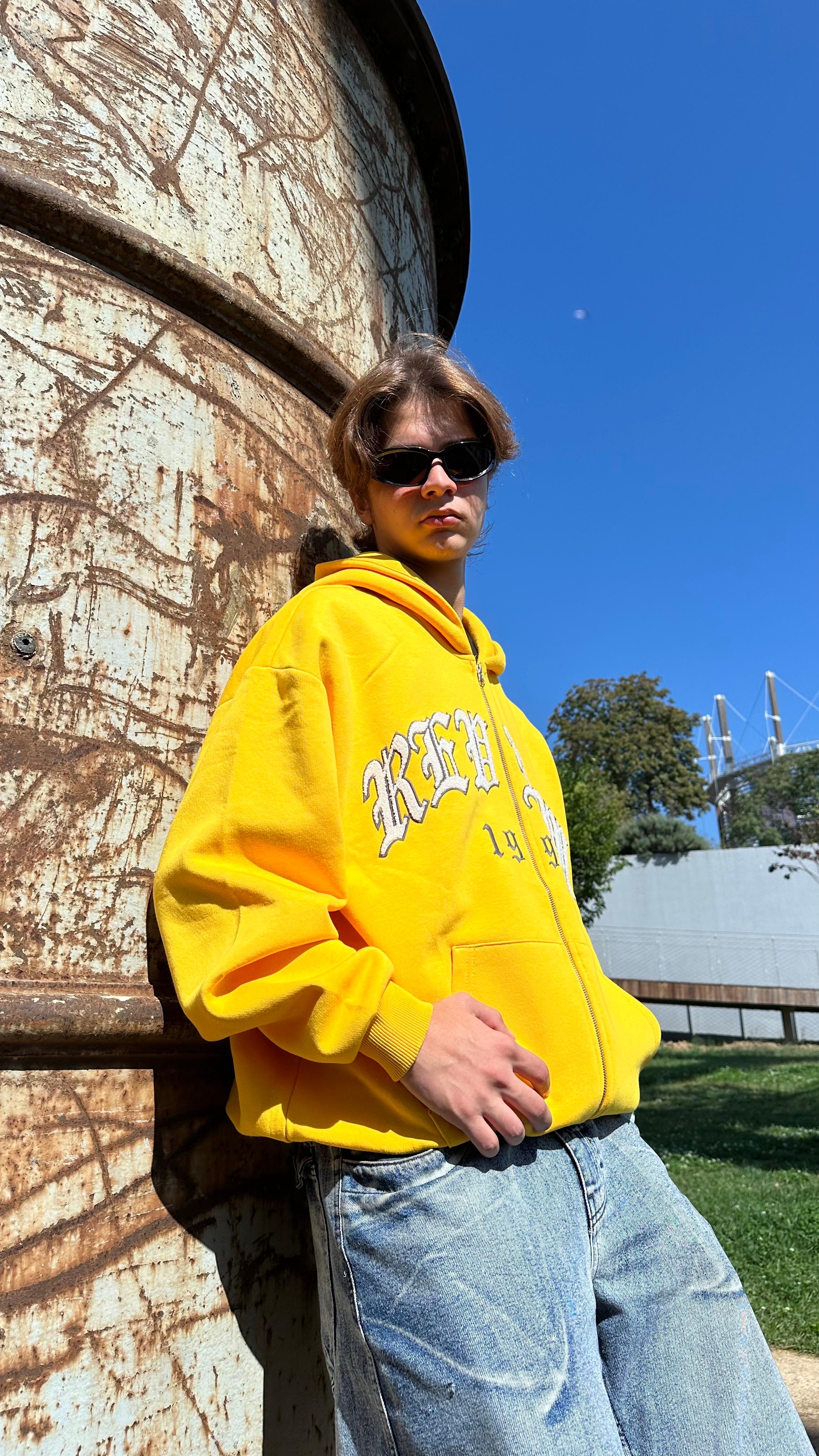 RW Yellow Nakış İşlemeli Oversize Zipper Hoodie 