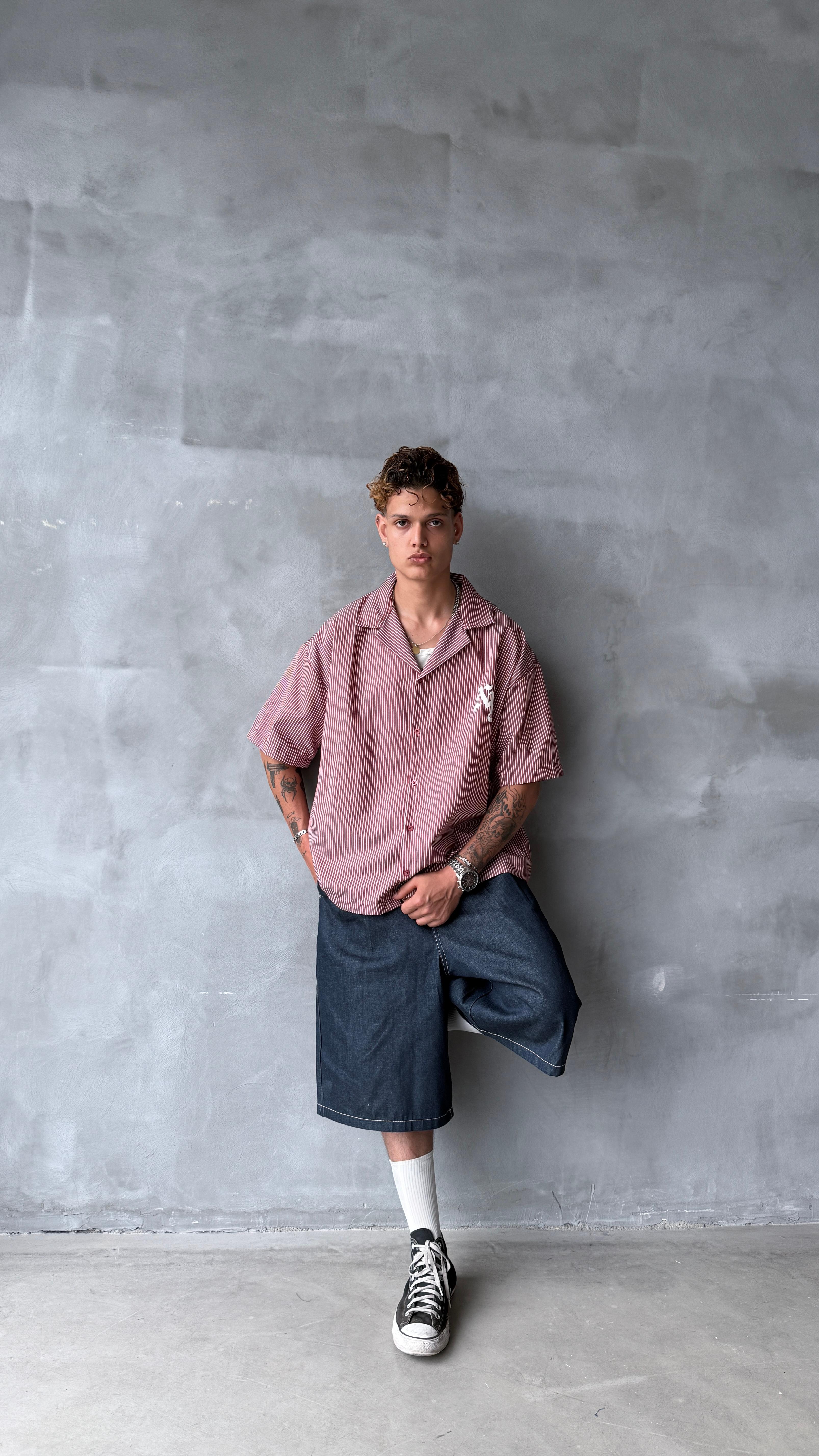 Bordo NYC Çizgili Oversize Gömlek 