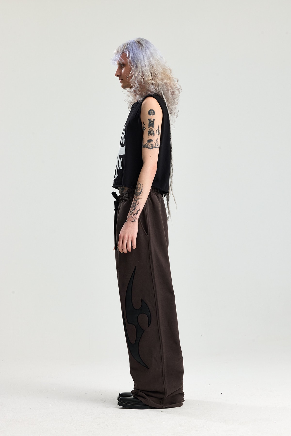Kahve Tribal Deri Detay Yıkamalı Premium Baggy Sweatpant