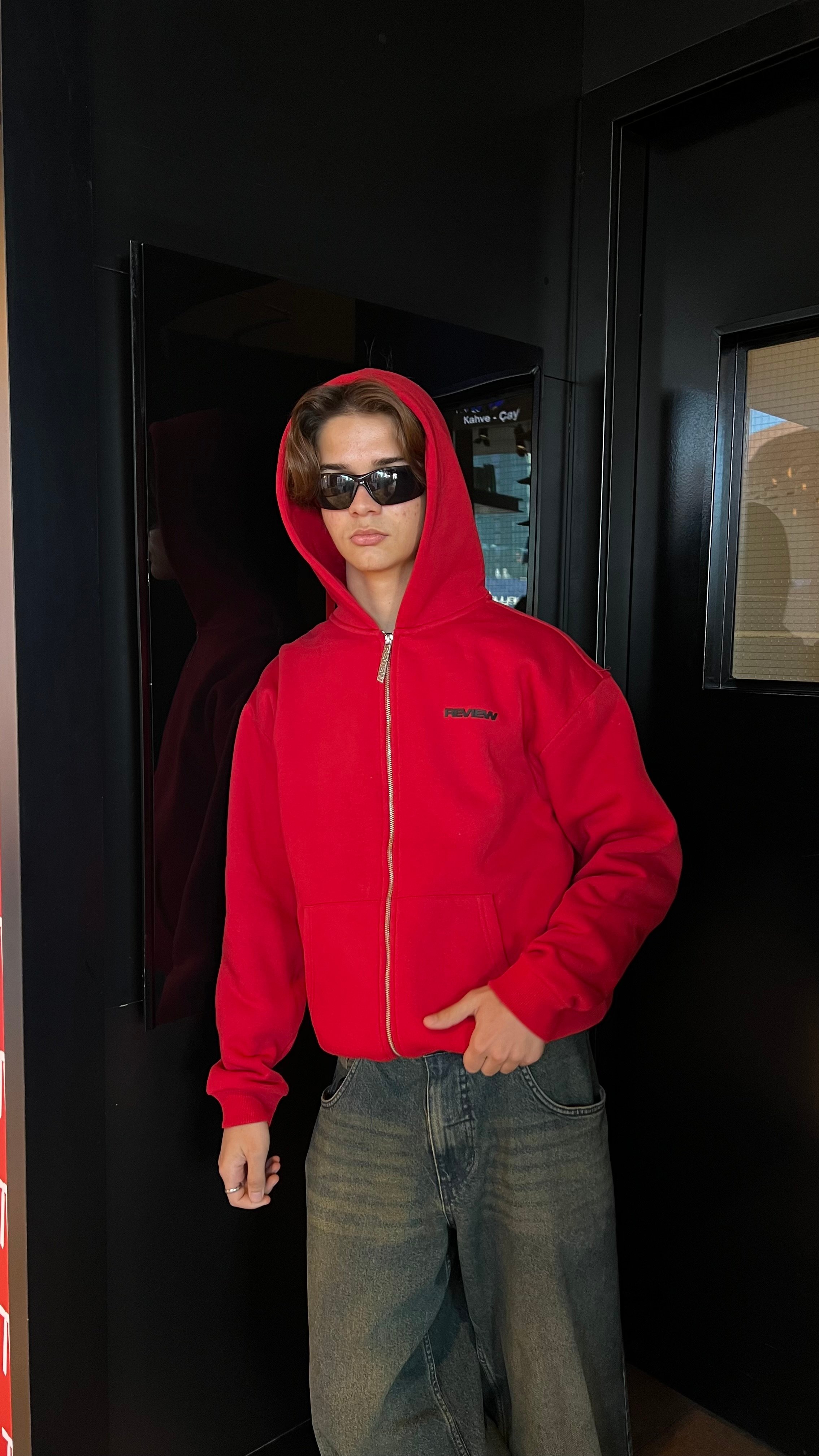 RW Red Basic Oversize Zipper Hoodie 