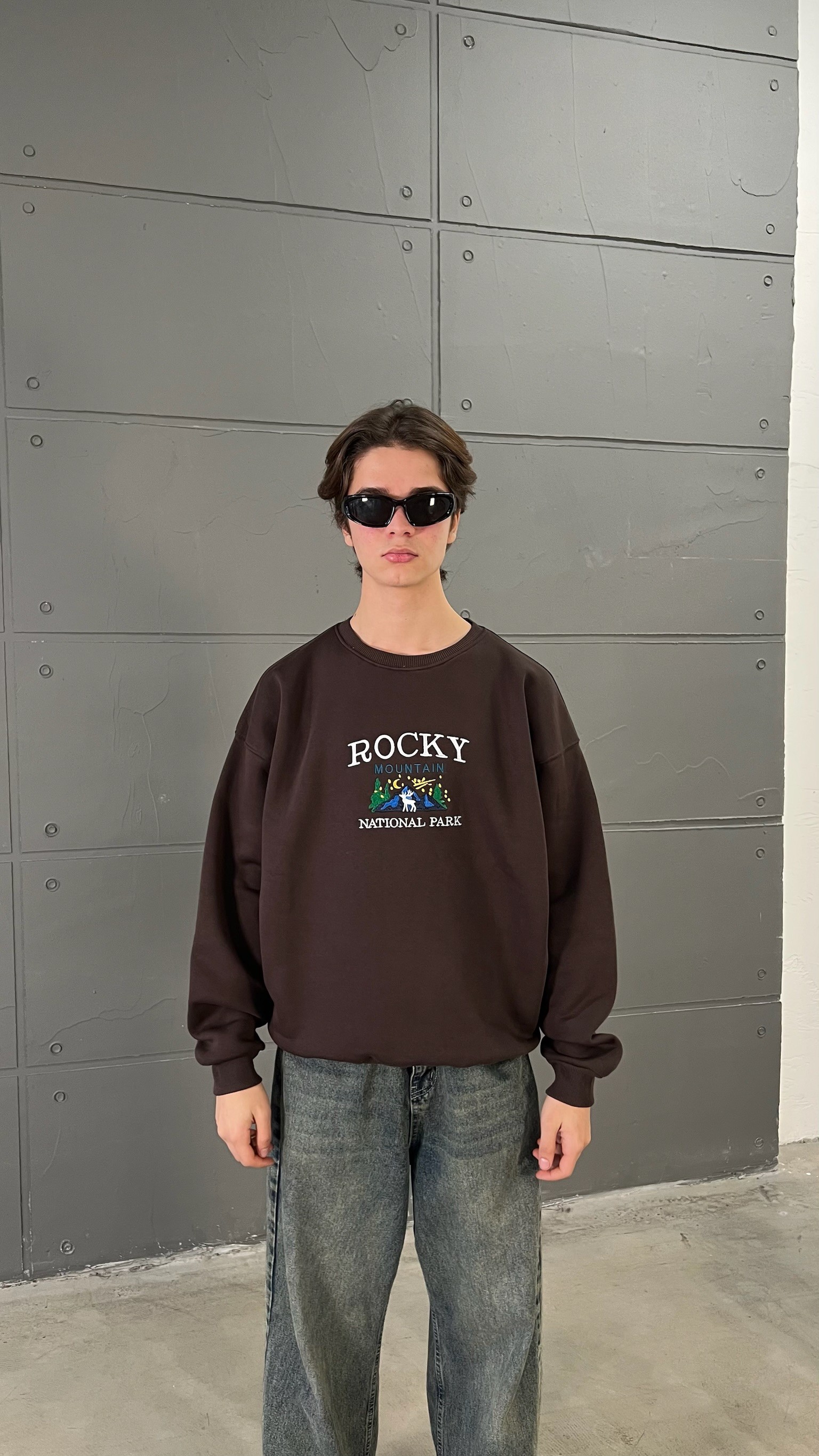 Kahverengi Rocky Nakış İşlemeli Oversize Sweatshirt 