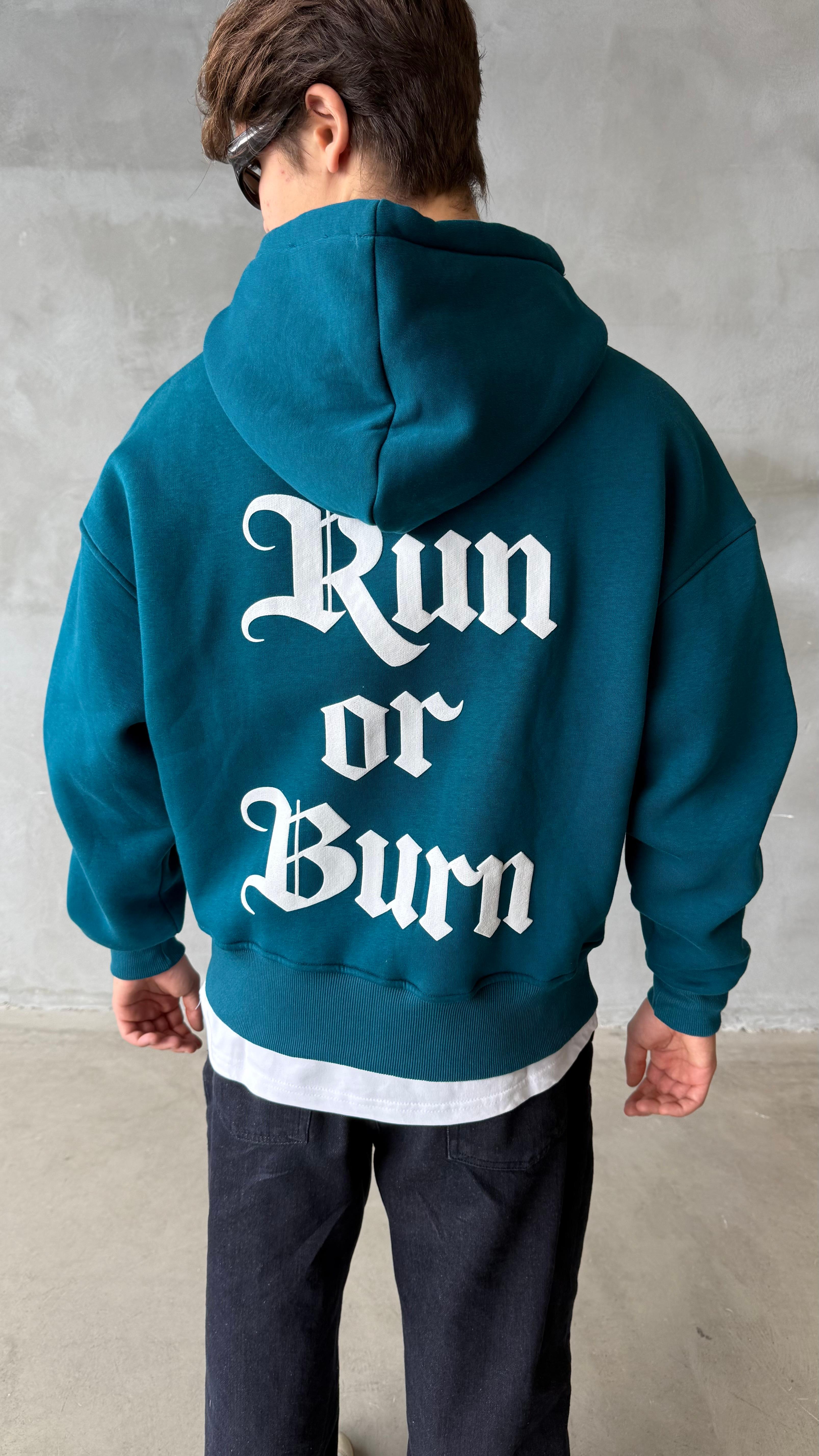 Run Or Burn Petrol Yeşili Oversize Zipper Hoodie