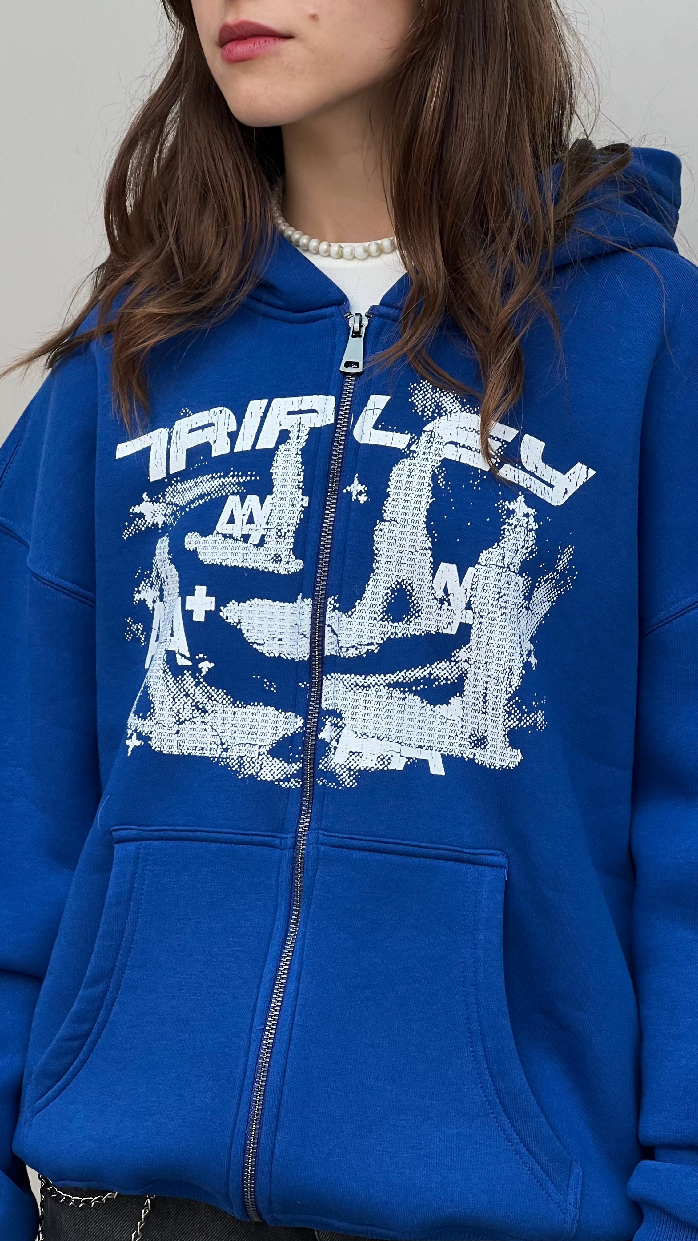 Tripley Lacivert Oversize Zipper Hoodie