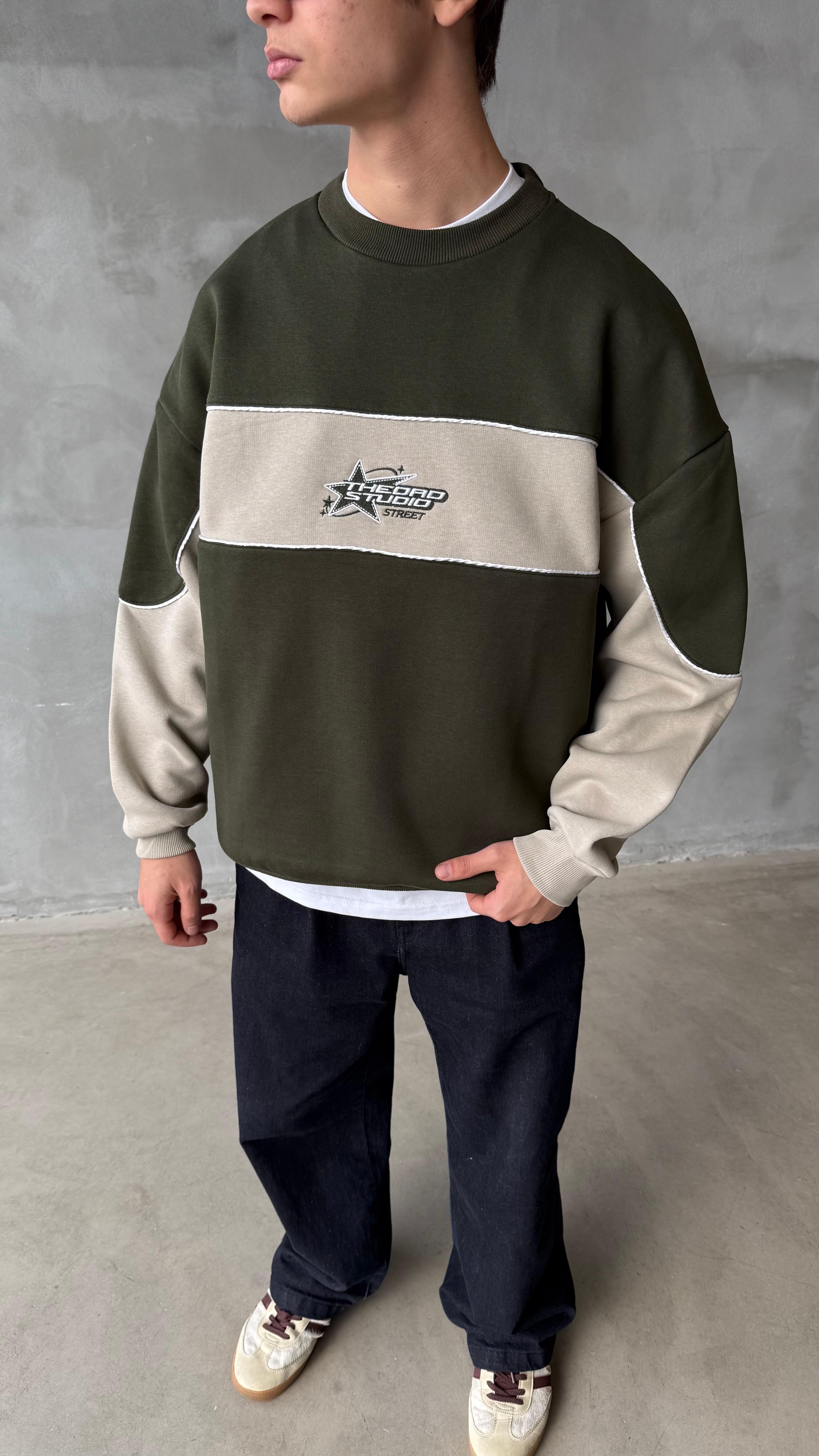 THEDAD Haki Nakış İşlemeli Oversize Sweatshirt