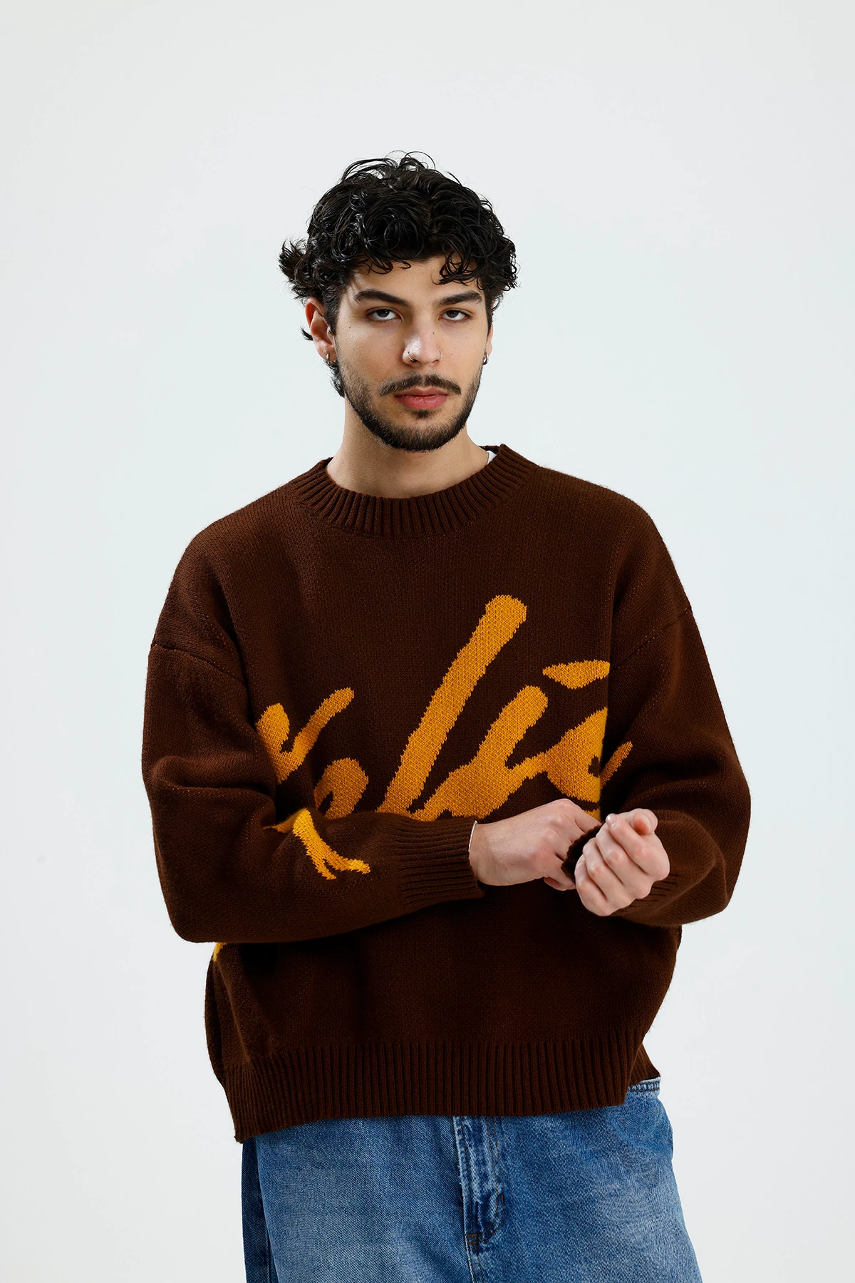 Kahve Steliez Boxy Fit Oversize Premium Triko Kazak