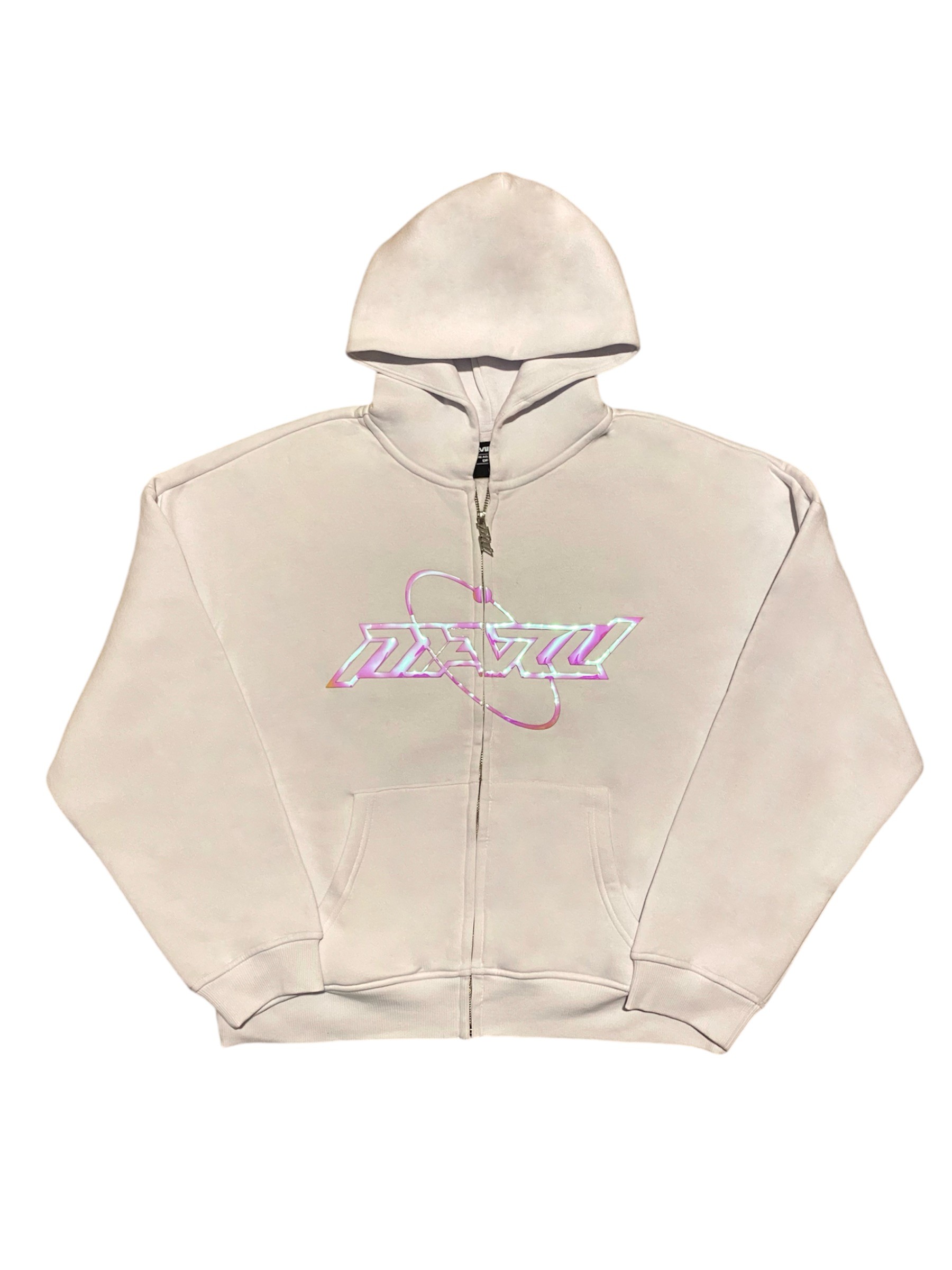 RW White Hologram Baskı Oversize Zipper Hoodie 