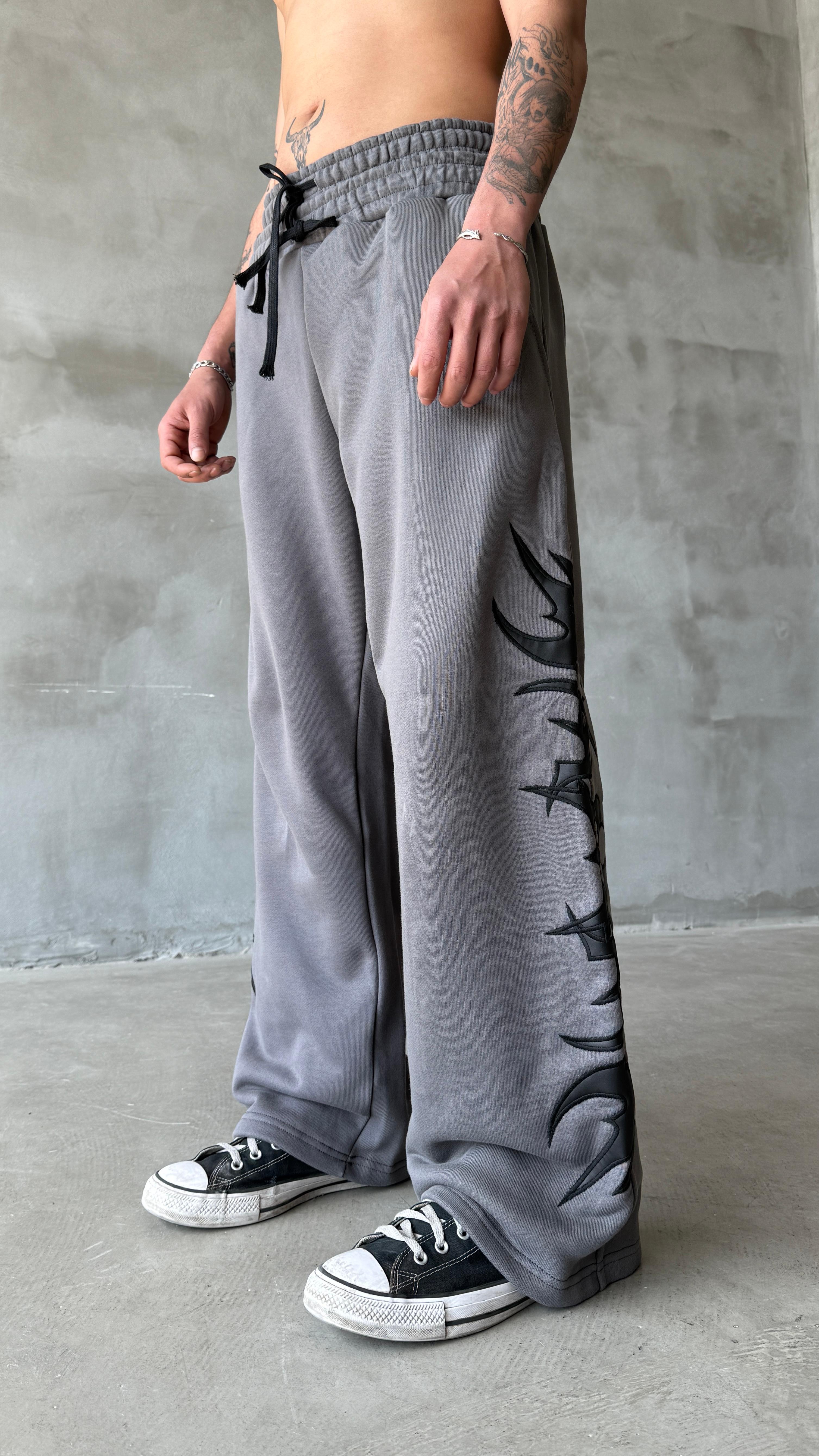 Gri Tribal Yıkamalı Deri Detay Double Waist Premium Baggy Sweatpant